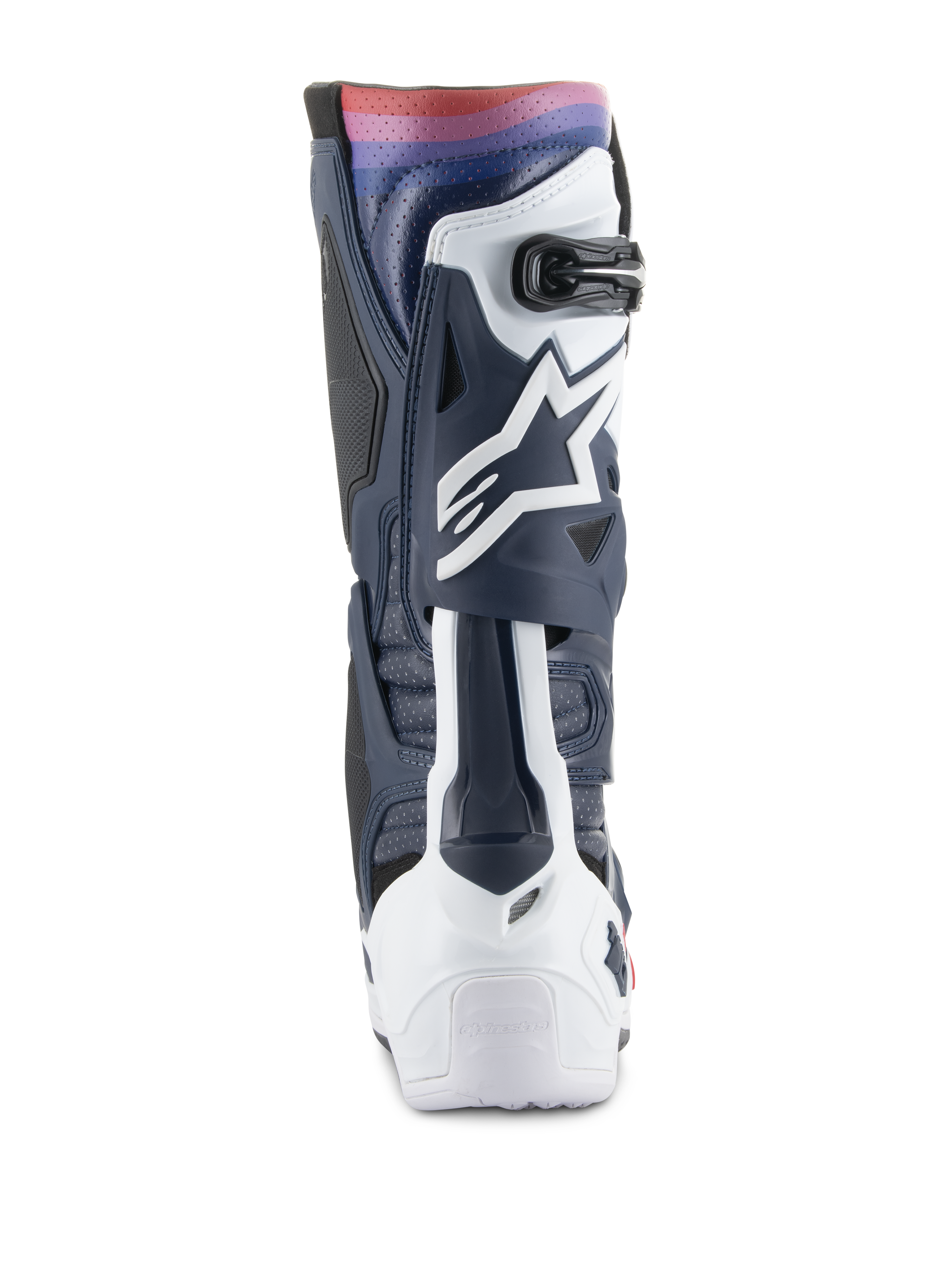 Alpinestars Tech 10 Supervented laarzen, motorcross laarzen, Night Navy White Rainbow, achteraanzicht toont de navy en witte TPU-structuur met een levendig regenboogverloop aan de bovenkant, voorzien van het witte Astars-logo en geventileerde panelen voor off-road prestaties.