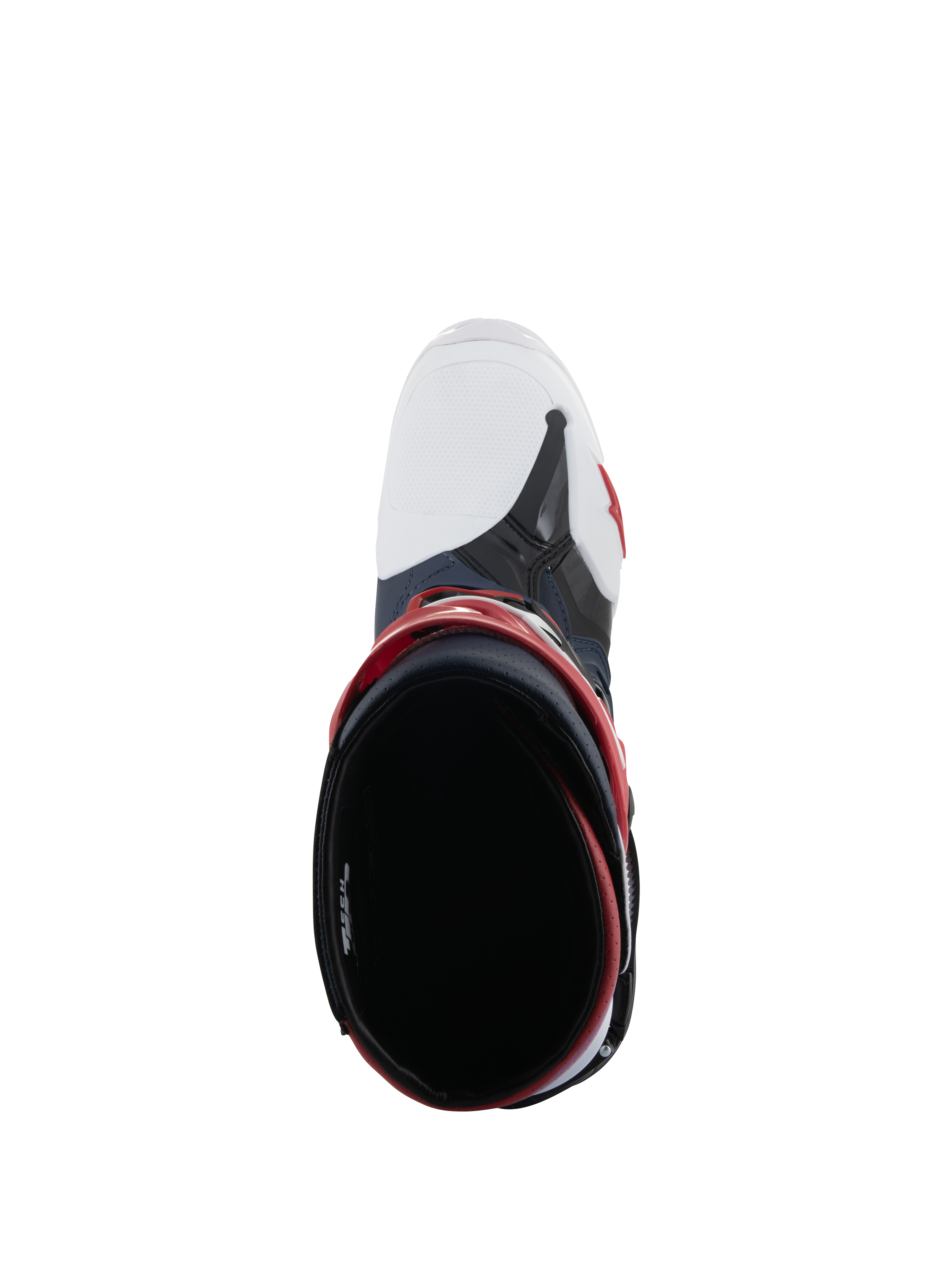 Alpinestars Tech 10 Supervented laarzen, bovenaanzicht kijkend in de opening van de laars, Night Navy White Rainbow, voorzien van een witte geventileerde neus en rode accenten, hoogwaardig motorcross-schoeisel ontworpen voor maximale luchtstroom.
