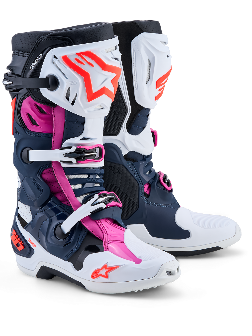 Alpinestars Tech-10 Supervented motorcrosslaarzen voor heren, donkerblauw, wit en fuchsia, met geventileerde TPU-schalen.