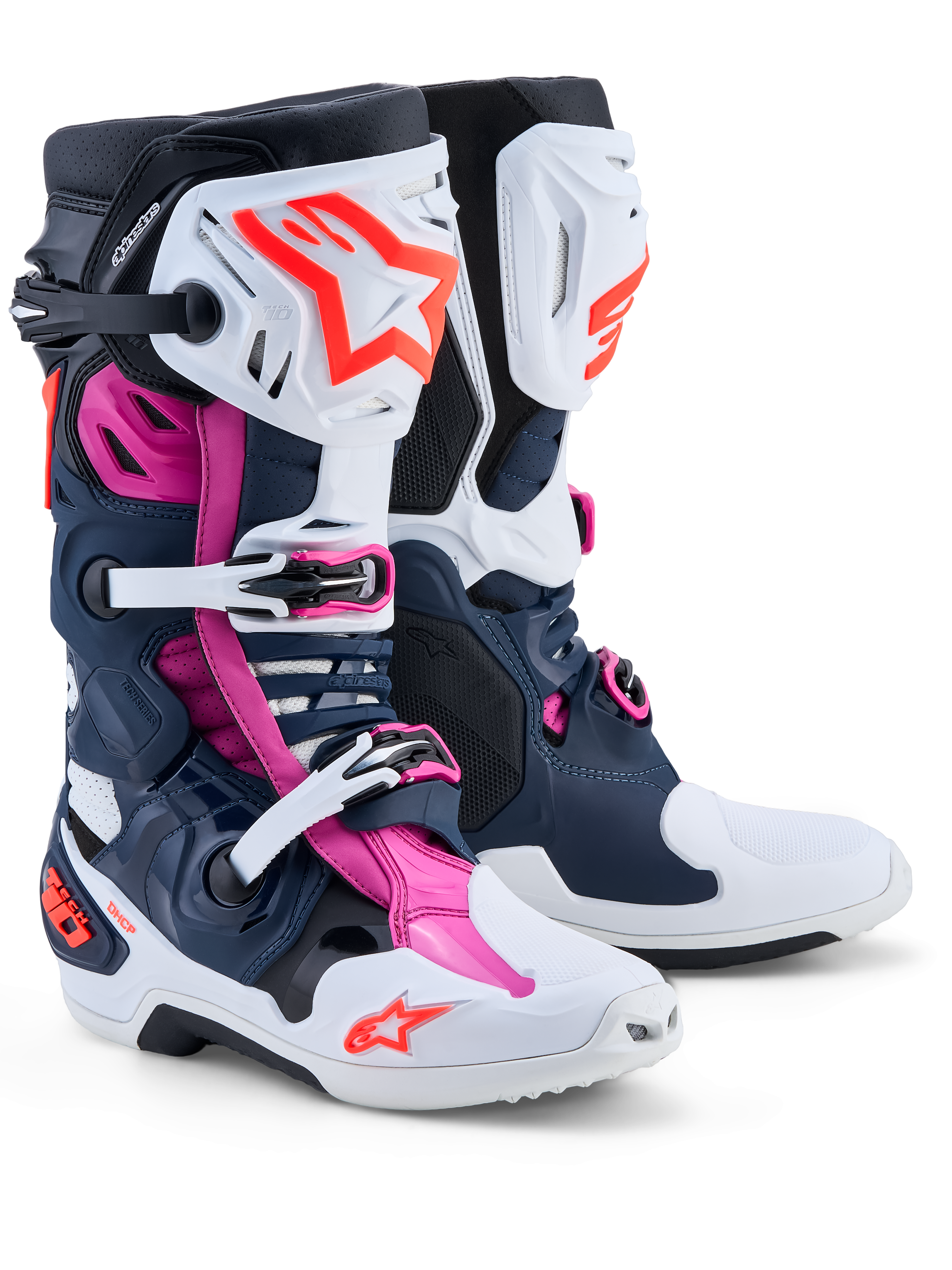 Alpinestars Tech-10 Supervented motorcrosslaarzen voor heren, donkerblauw, wit en fuchsia, met geventileerde TPU-schalen.