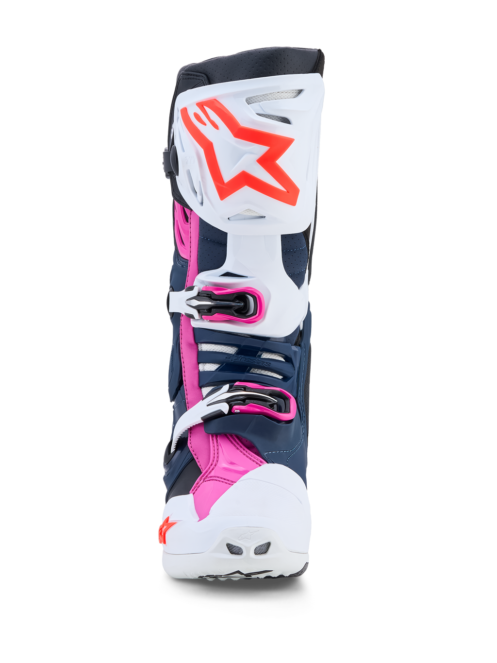 Alpinestars Tech-10 Supervented laarzen, professionele motocrosslaarzen in donkerblauw en wit met fuchsia, geventileerde TPU-panelen voor off-road racing.
