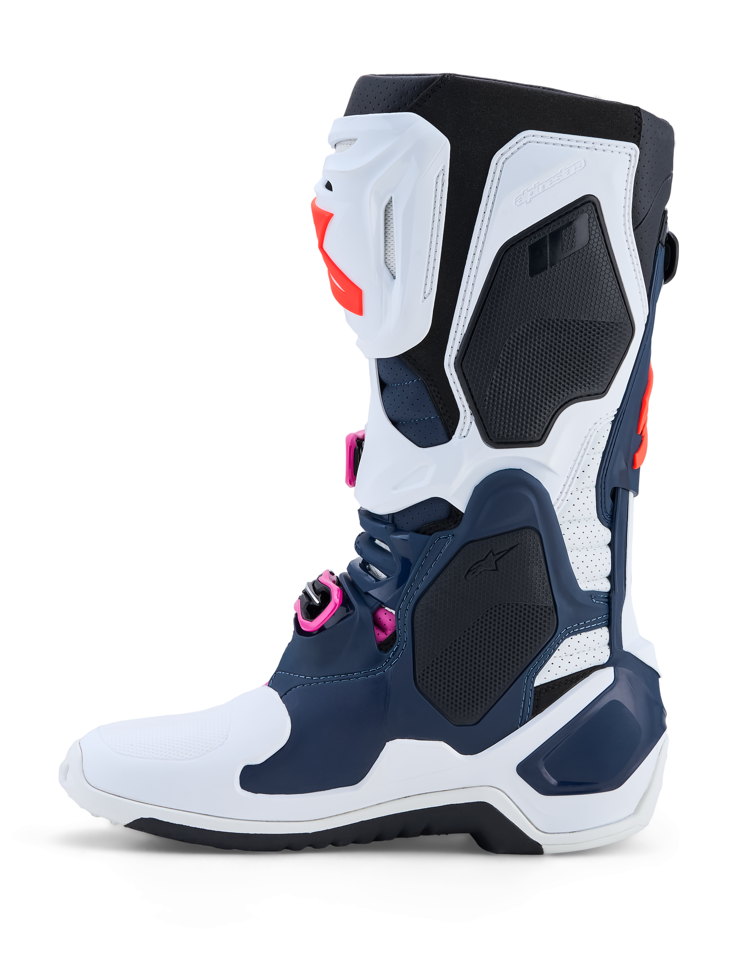 Alpinestars Tech-10 Supervented motorcrosslaarzen, donkerblauw en wit met fuchsia accenten en geventileerde TPU-schaal.