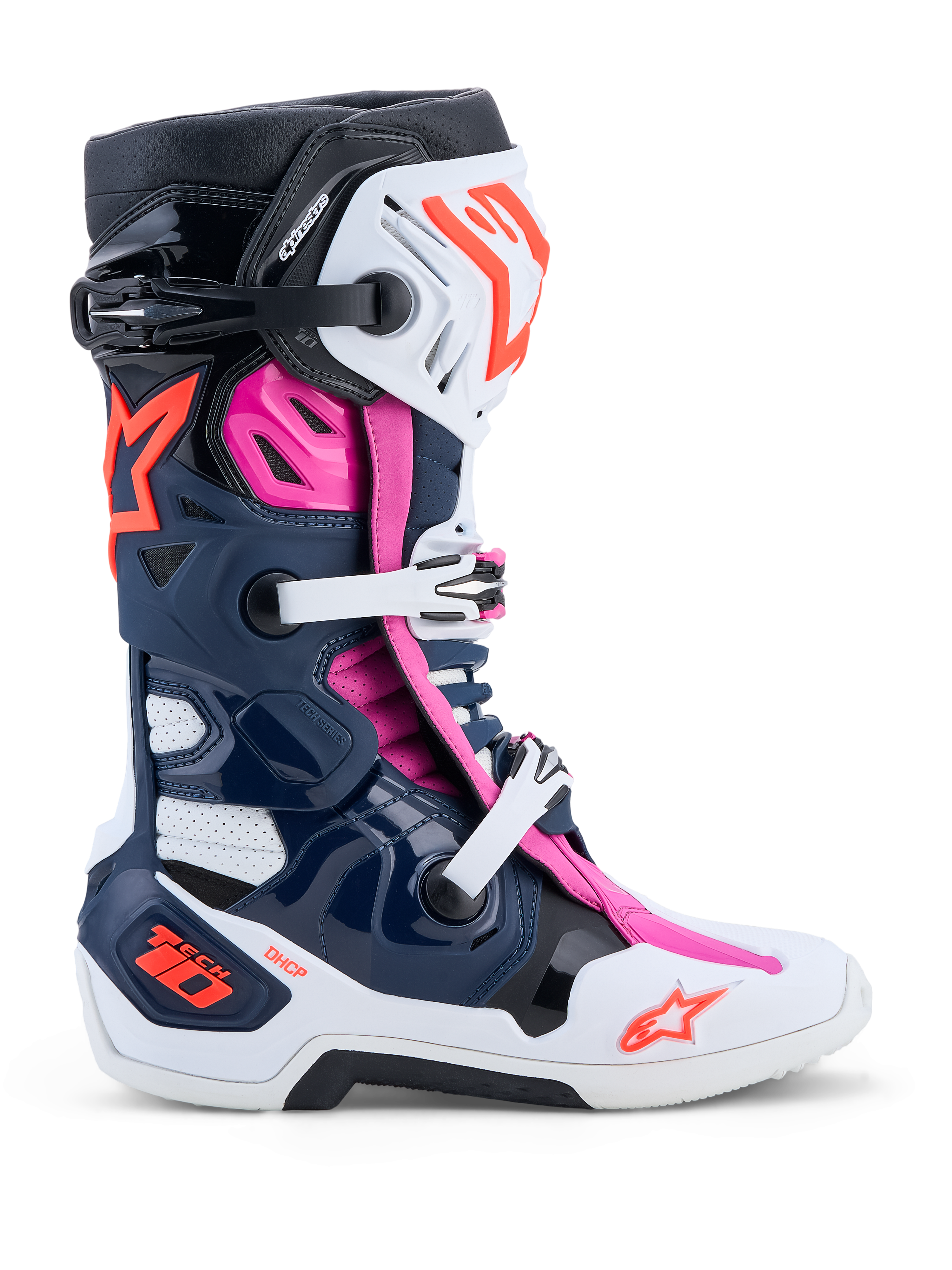 Alpinestars Tech-10 Supervented laarzen in donkerblauw, wit en roze met geavanceerde ventilatie voor motocross.