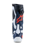 Alpinestars Tech-10 Supervented laarzen, blauw-witte motocross-motorlaarzen met fuchsia accenten en geperforeerd TPU.