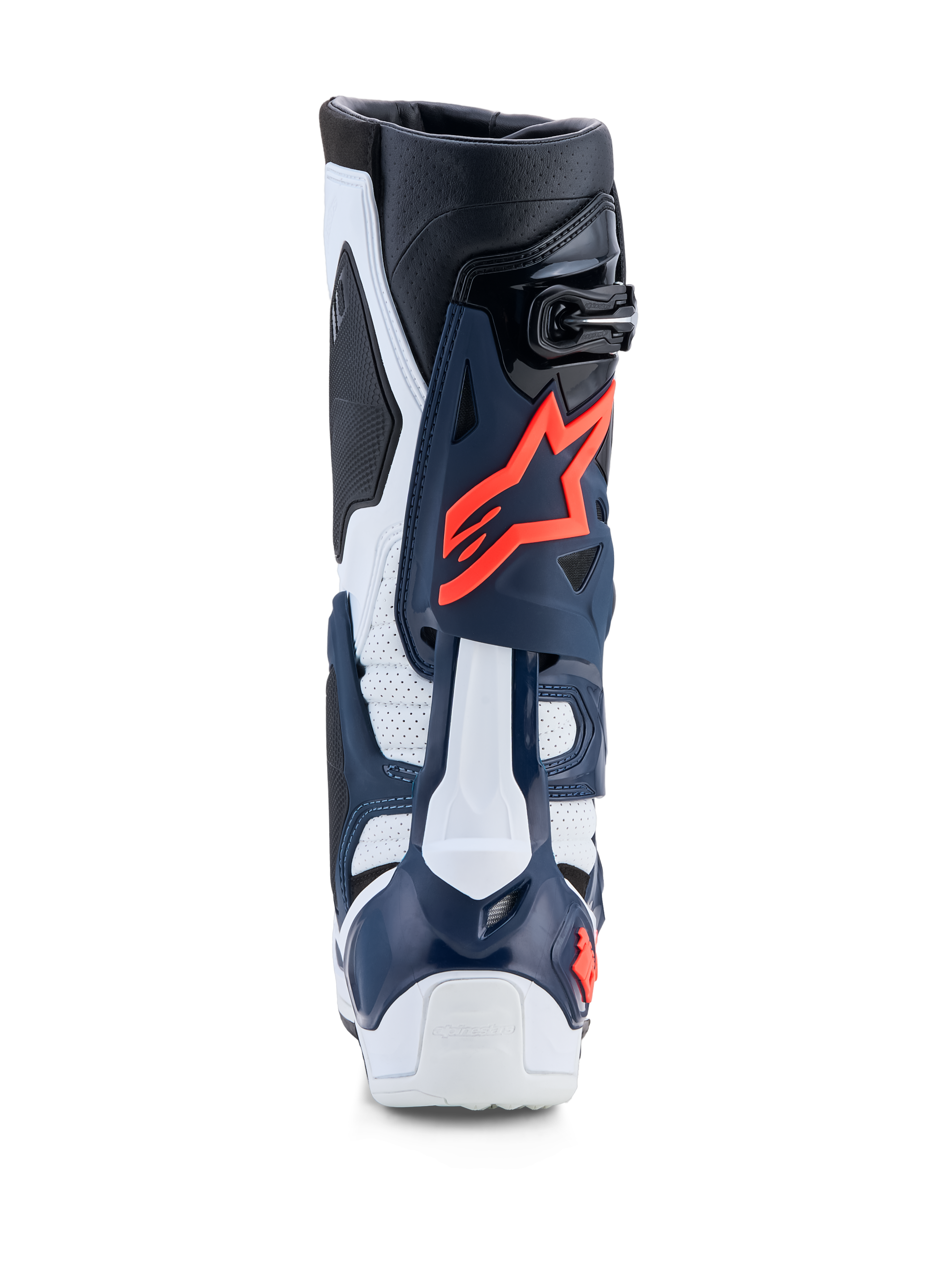 Alpinestars Tech-10 Supervented laarzen, blauw-witte motocross-motorlaarzen met fuchsia accenten en geperforeerd TPU.