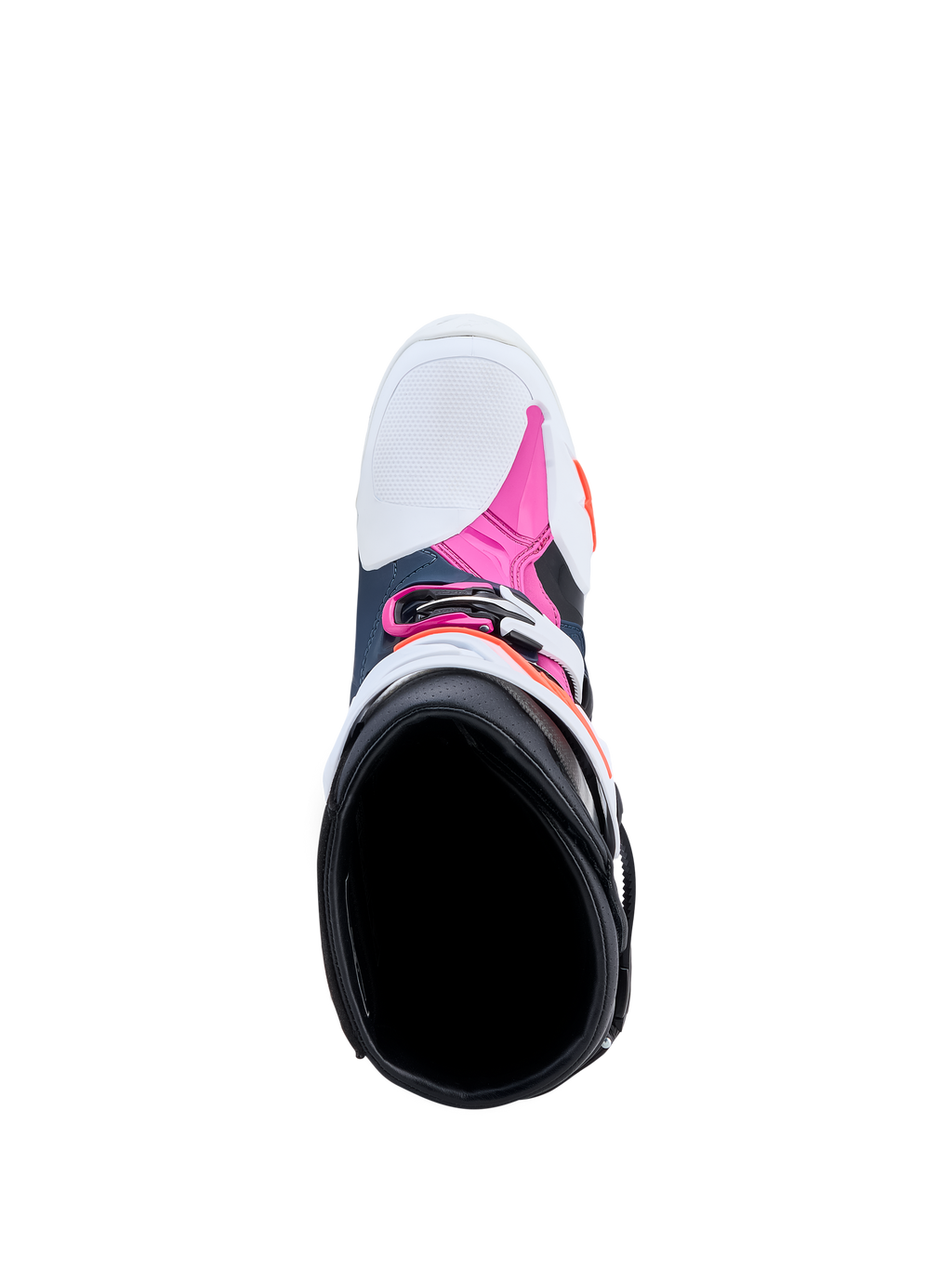 Alpinestars Tech-10 Supervented motorlaarzen in blauw, wit en fuchsia, bovenaanzicht van de binnenkant met ademende mesh voering.