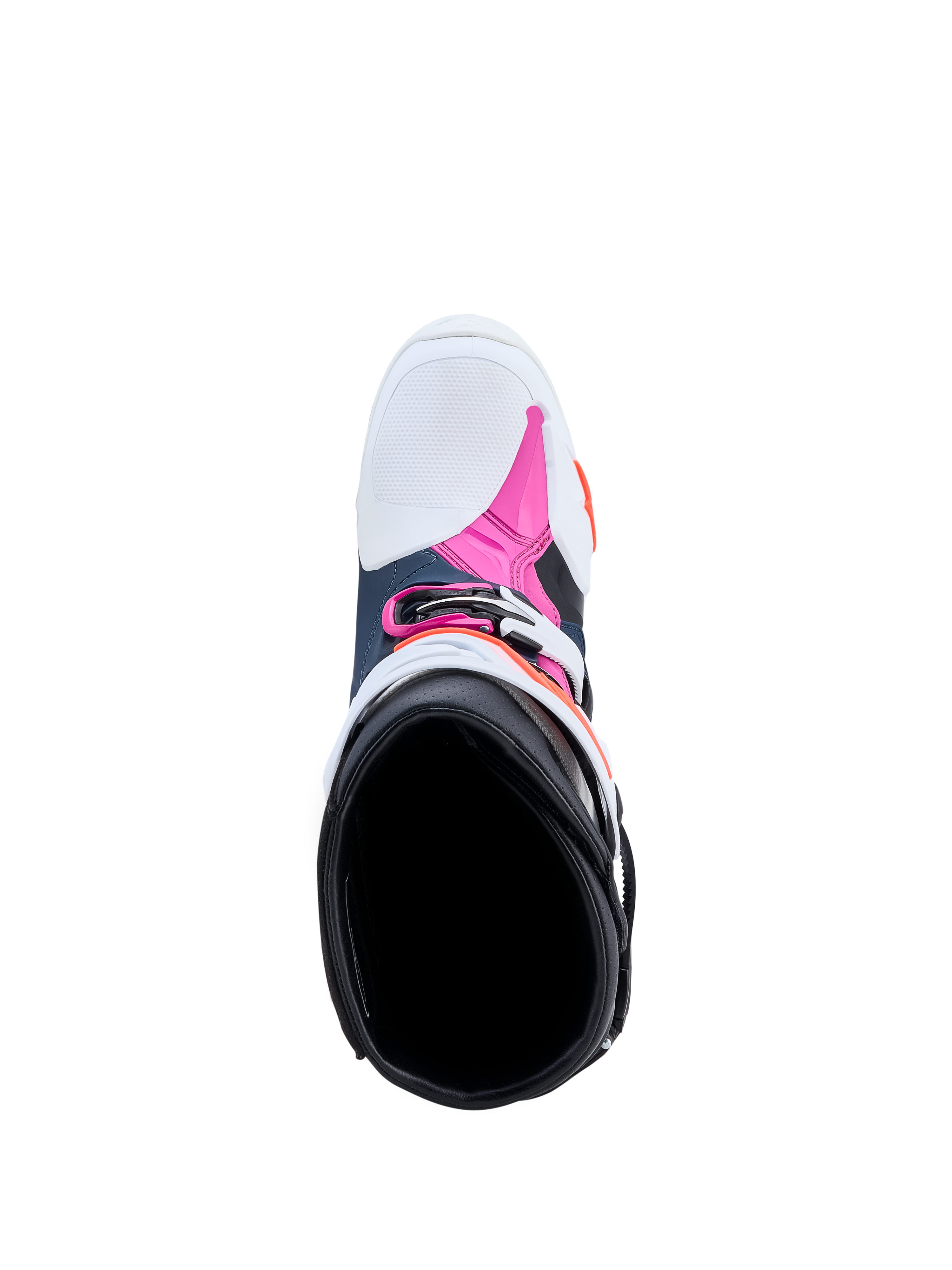 Alpinestars Tech-10 Supervented motorlaarzen in blauw, wit en fuchsia, bovenaanzicht van de binnenkant met ademende mesh voering.