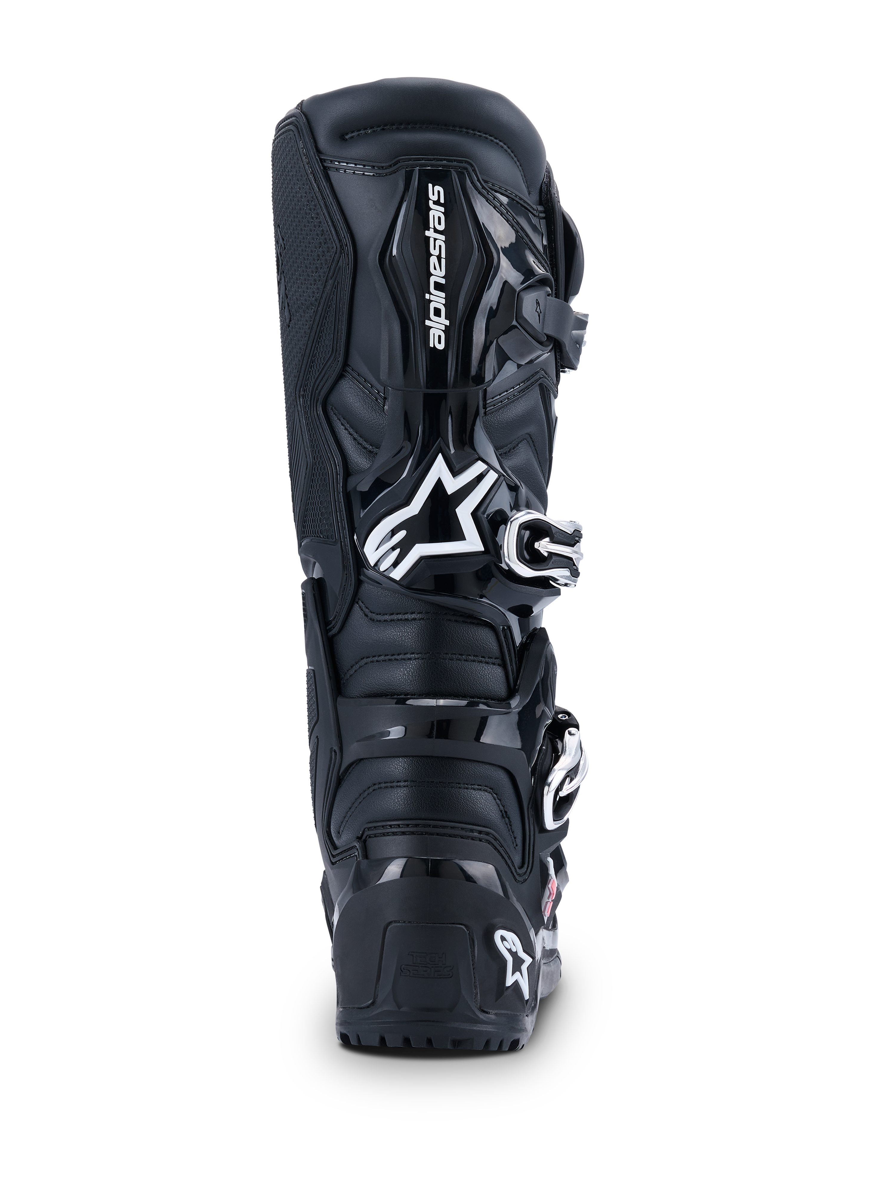 Alpinestars 2026 Tech 7 Enduro Drystar® Boots, Motocross Boots, Black, rear view featuring white Alpinestars logo on the calf, durable TPU protection panels, and rugged construction for off-road and enduro riding
