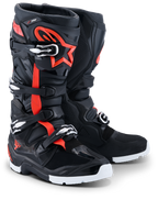 Alpinestars 2026 Tech 7 Enduro Drystar® laarzen, enduro motorcrosslaarzen, zwart, fluorescerend rood en wit, met fluorescerende rode accenten en sterlogo, meerdere gespsluitingen en duurzame witte zolen voor off-road prestaties