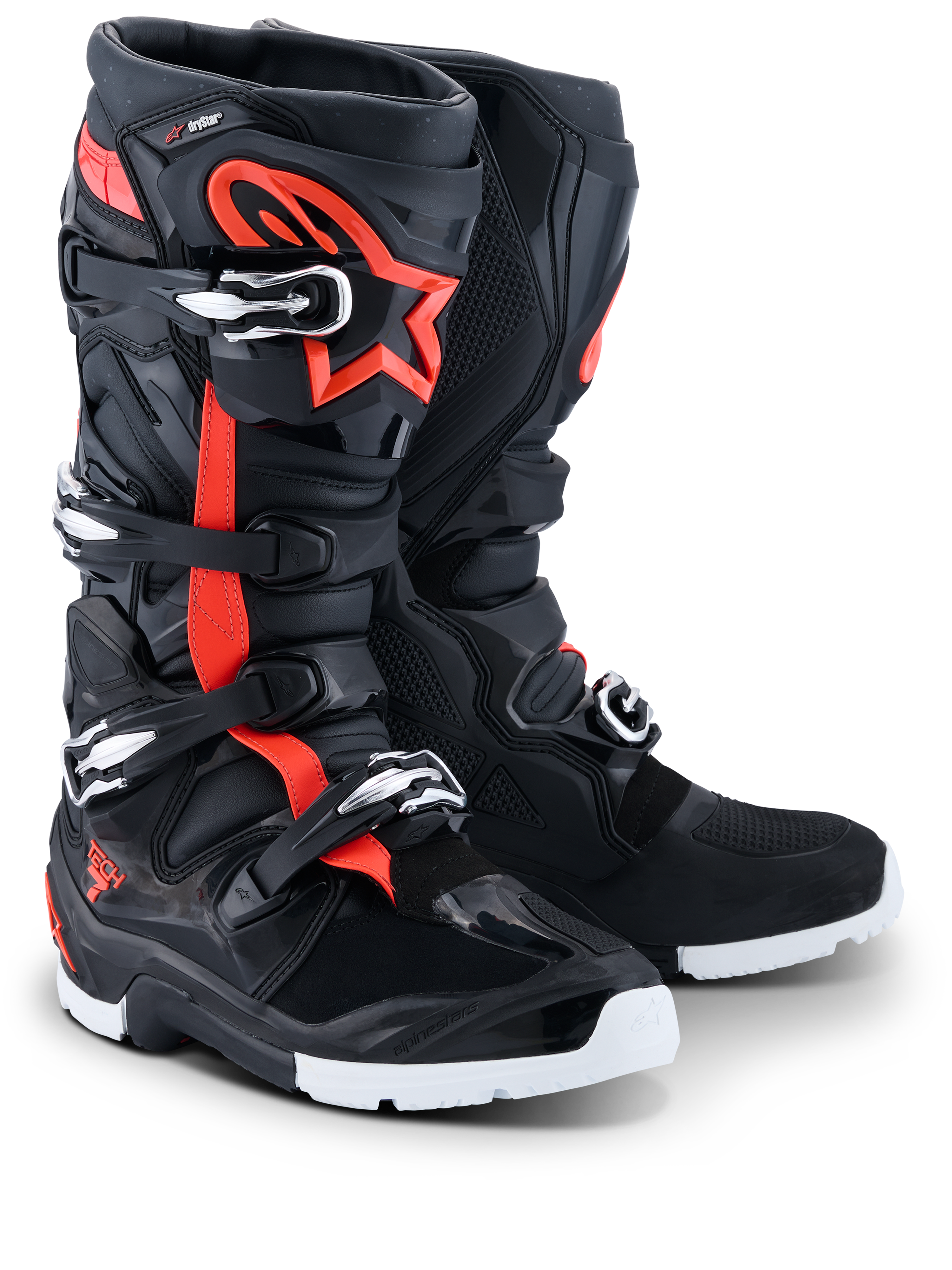 Alpinestars 2026 Tech 7 Enduro Drystar® laarzen, enduro motorcrosslaarzen, zwart, fluorescerend rood en wit, met fluorescerende rode accenten en sterlogo, meerdere gespsluitingen en duurzame witte zolen voor off-road prestaties
