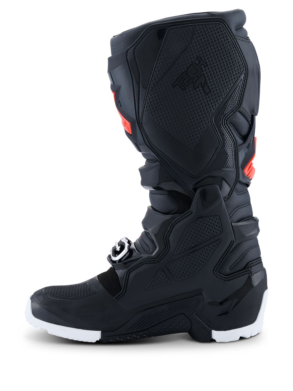 Alpinestars 2026 Tech 7 Enduro Drystar®-laarzen, enduro-motorcrosslaarzen, zwart met fluorode en witte accenten, zijaanzicht met de nadruk op het TPU-honingraat grippaneel aan de binnenzijde en de witte zool, duurzame waterdichte constructie voor off-road prestaties