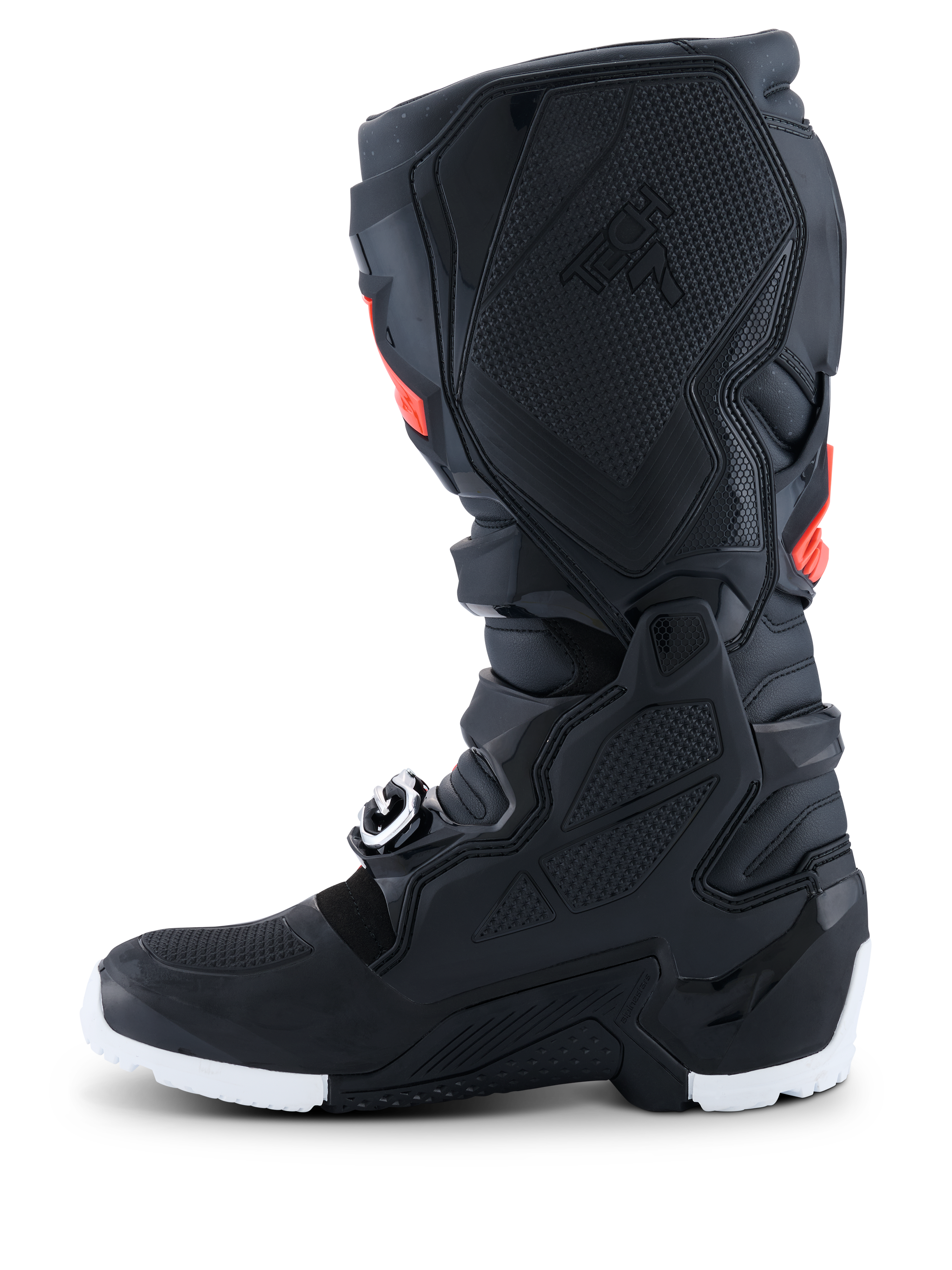 Alpinestars 2026 Tech 7 Enduro Drystar®-laarzen, enduro-motorcrosslaarzen, zwart met fluorode en witte accenten, zijaanzicht met de nadruk op het TPU-honingraat grippaneel aan de binnenzijde en de witte zool, duurzame waterdichte constructie voor off-road prestaties