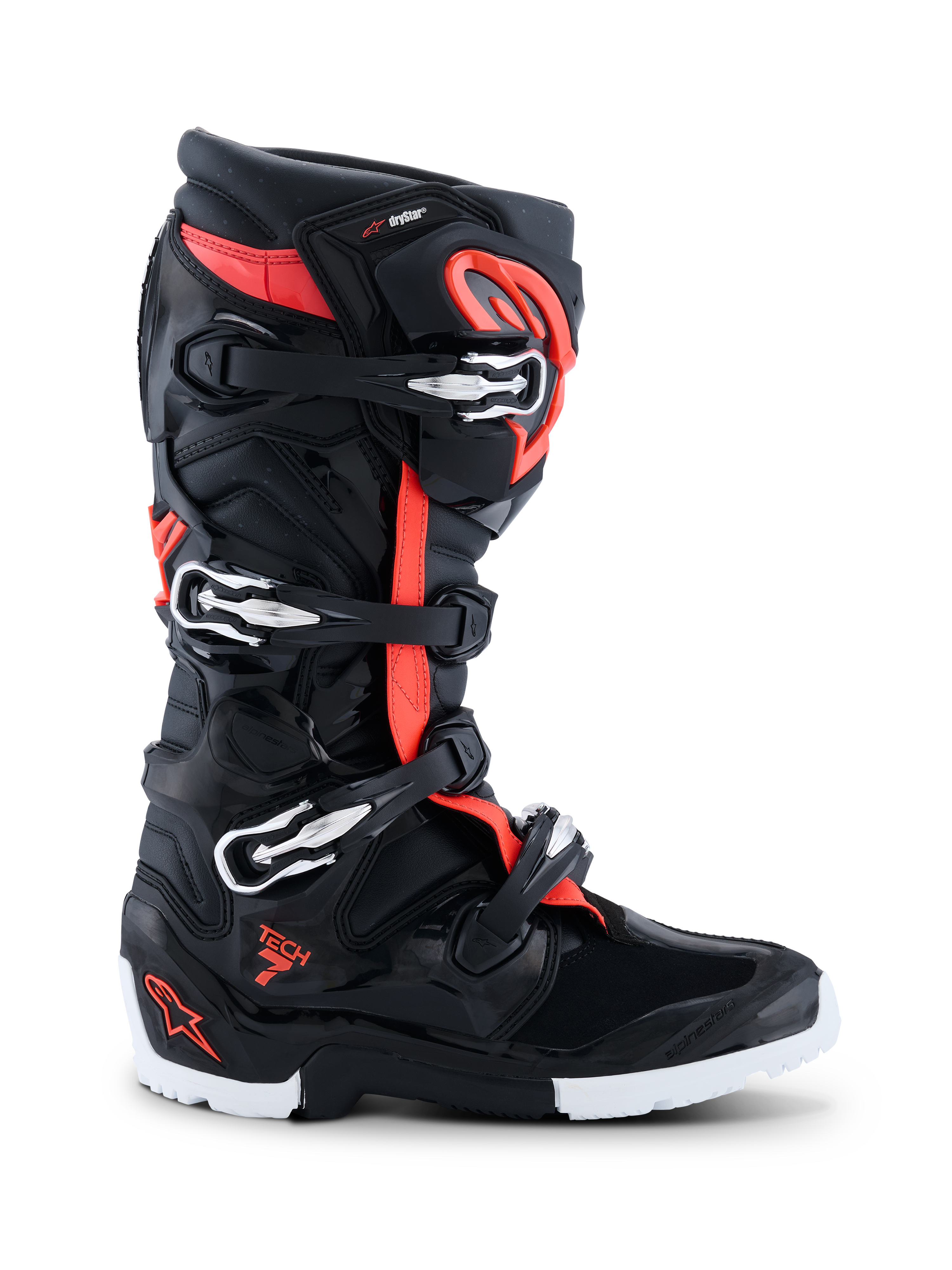 Alpinestars 2026 Tech 7 Enduro Drystar® laarzen, motocross- en enduro-schoeisel, zwart, fluorood en wit, zijprofiel met vier zilveren en zwarte gespen, TPU-versterkte schaal en robuuste enduro-specifieke wit-zwarte zool, voorzien van Drystar-branding en Tech 7-logo