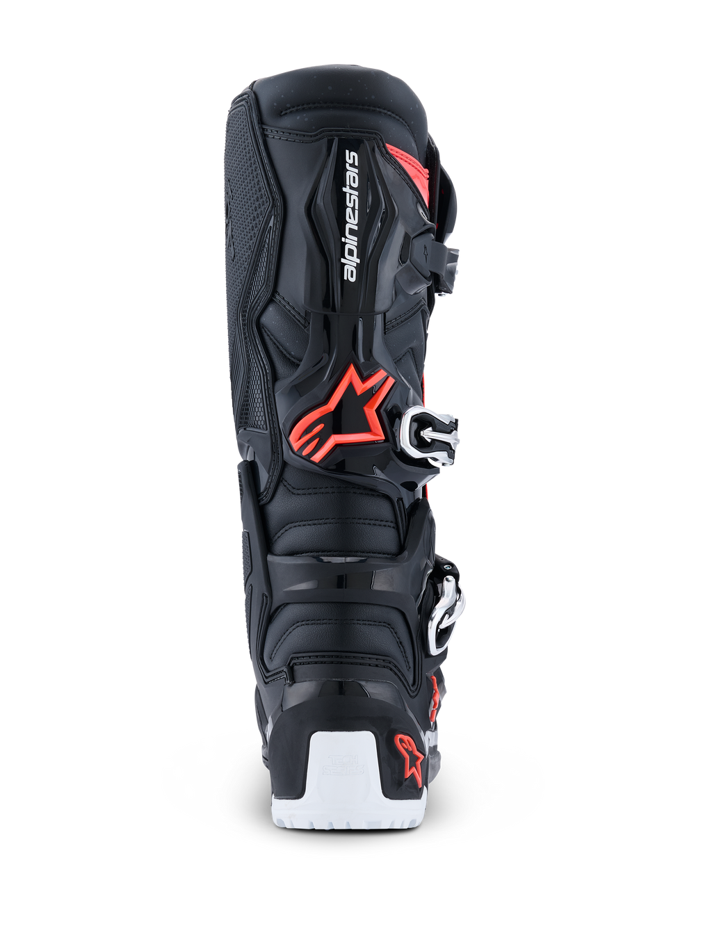 Alpinestars 2026 Tech 7 Enduro Drystar® laarzen, enduro motocrosslaarzen, zwart, fluo rood en wit, achteraanzicht met focus op de TPU-beschermende schaal, Alpinestars-logo, biomechanisch draaipunt en witte versteviging van de onderzool.