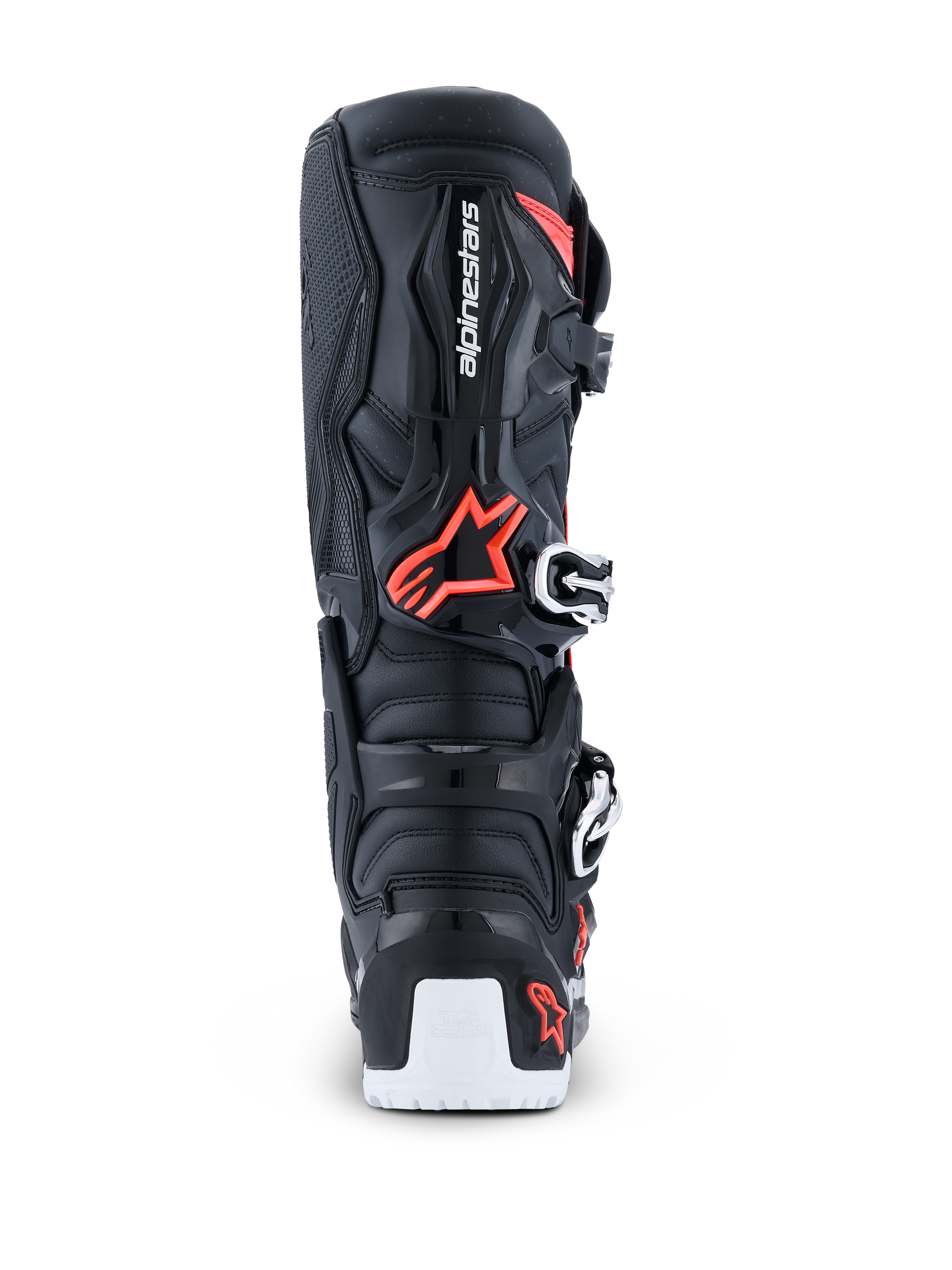 Alpinestars 2026 Tech 7 Enduro Drystar® laarzen, enduro motocrosslaarzen, zwart, fluo rood en wit, achteraanzicht met focus op de TPU-beschermende schaal, Alpinestars-logo, biomechanisch draaipunt en witte versteviging van de onderzool.
