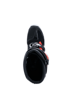 Alpinestars 2026 Tech 7 Enduro Drystar® laarzen, Black Red Fluo White, bovenaanzicht met zicht in de kraag van de laars, toont de brede instapopening en interne padding, beschermend enduro-schoeisel voor off-road rijden