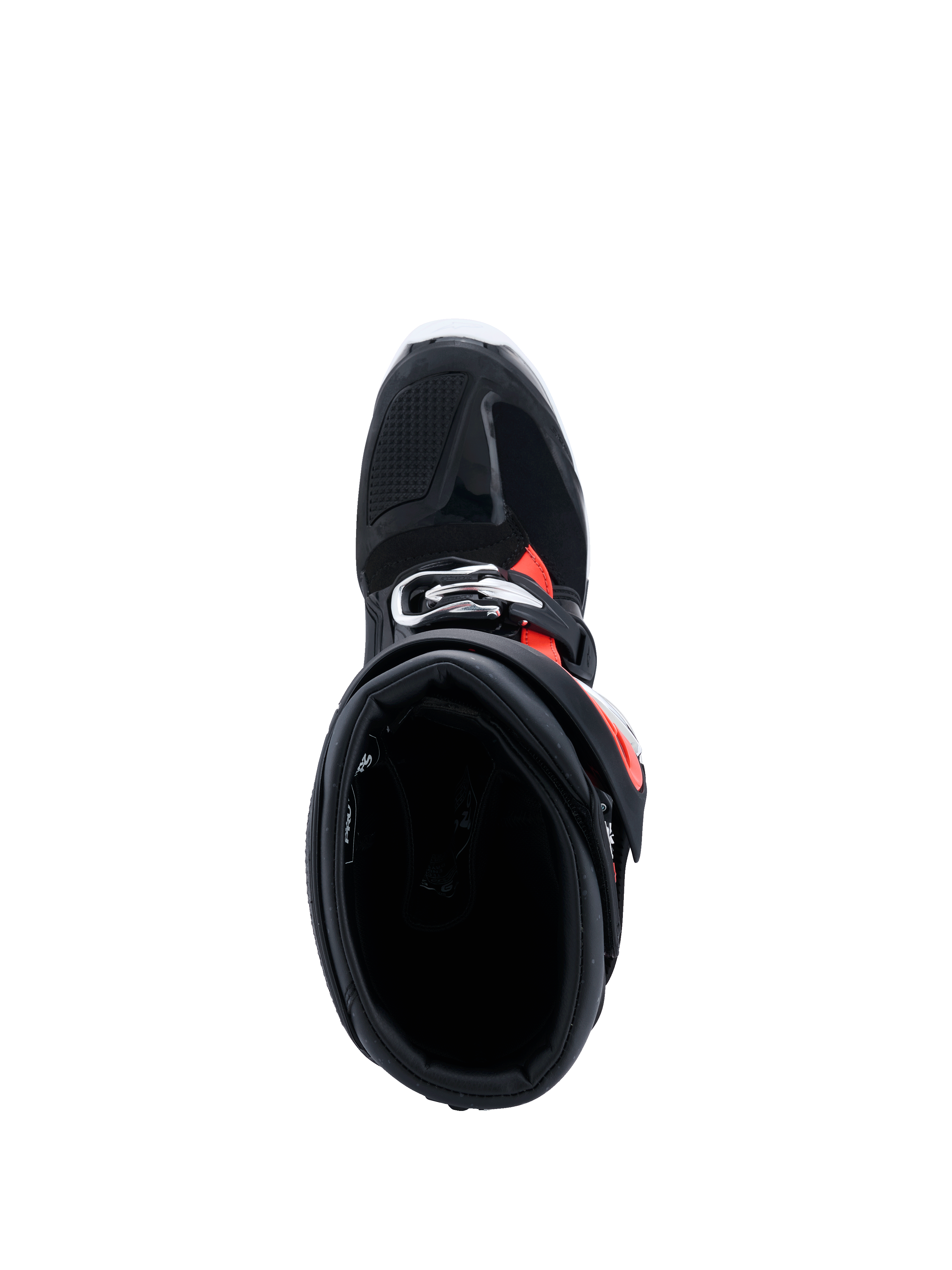 Alpinestars 2026 Tech 7 Enduro Drystar® laarzen, Black Red Fluo White, bovenaanzicht met zicht in de kraag van de laars, toont de brede instapopening en interne padding, beschermend enduro-schoeisel voor off-road rijden