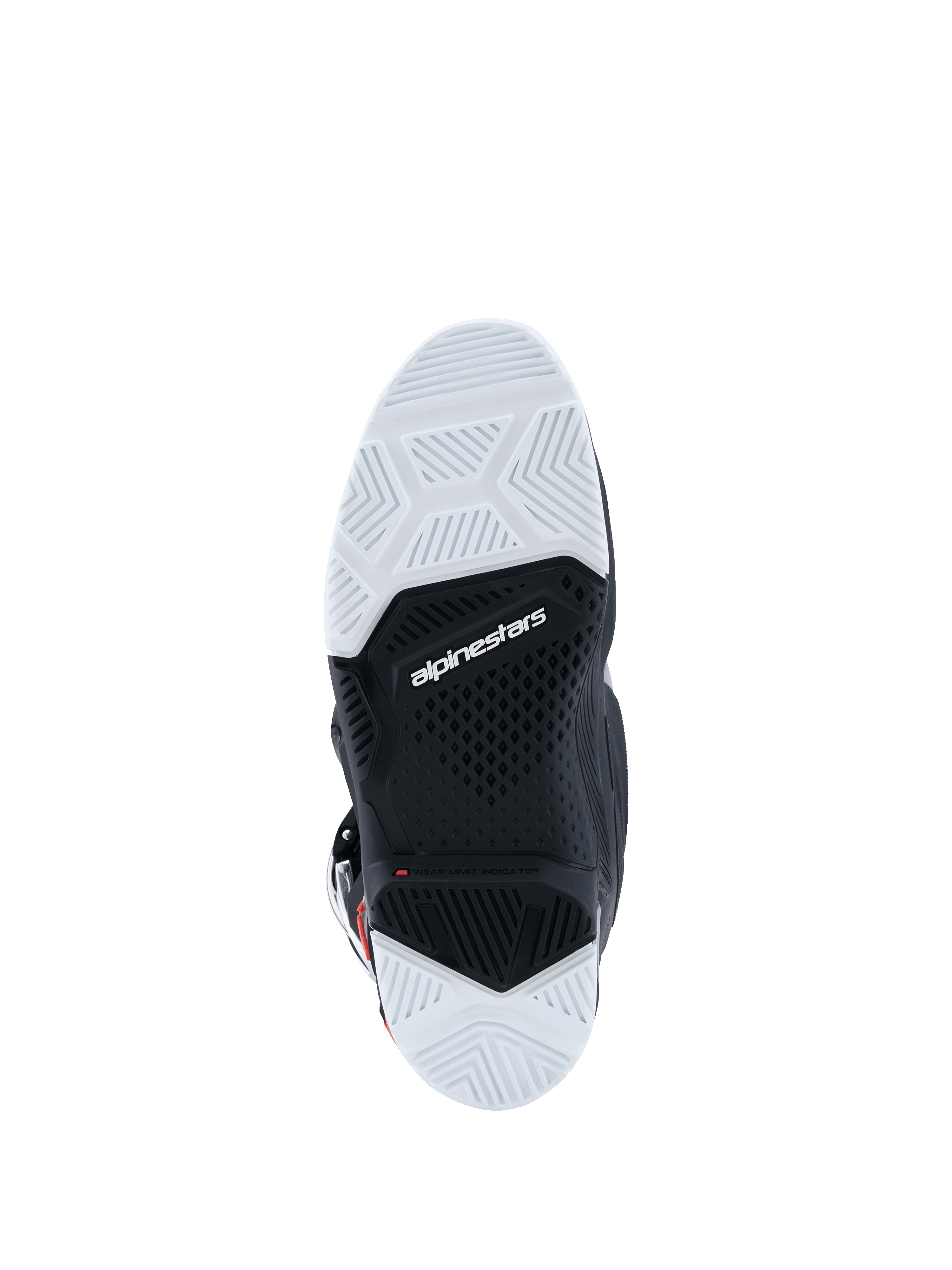Alpinestars 2026 Tech 7 Enduro Drystar® laarzen, onderaanzicht van de zool, zwart en wit rubbermengsel met dubbele dichtheid, getextureerde geometrische grippatronen, Alpinestars-logo en slijtage-indicator, ontworpen voor off-road- en enduro-tractie