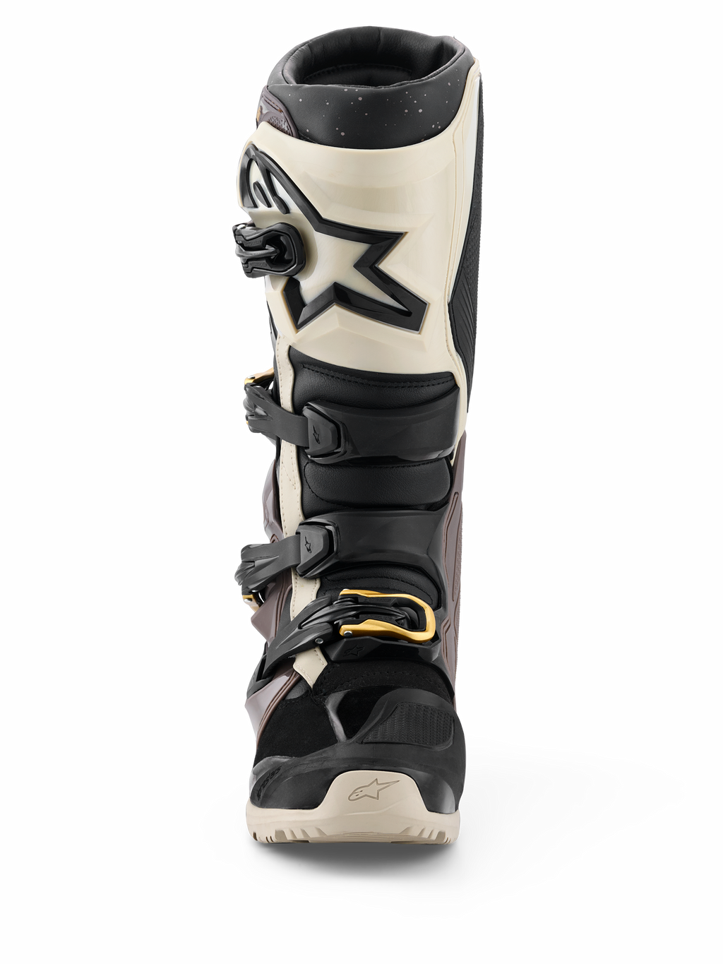 Alpinestars 2026 Tech 7 Enduro Drystar® Stiefel, Schwarz, Dunkelgrau und Gold, wasserdichte Offroad-Motorradstiefel, Vorderansicht mit Mehrfach-Schnallenverschlusssystem mit goldenen Akzenten, TPU-Schienbeinschutz und Stern-Logo-Design.