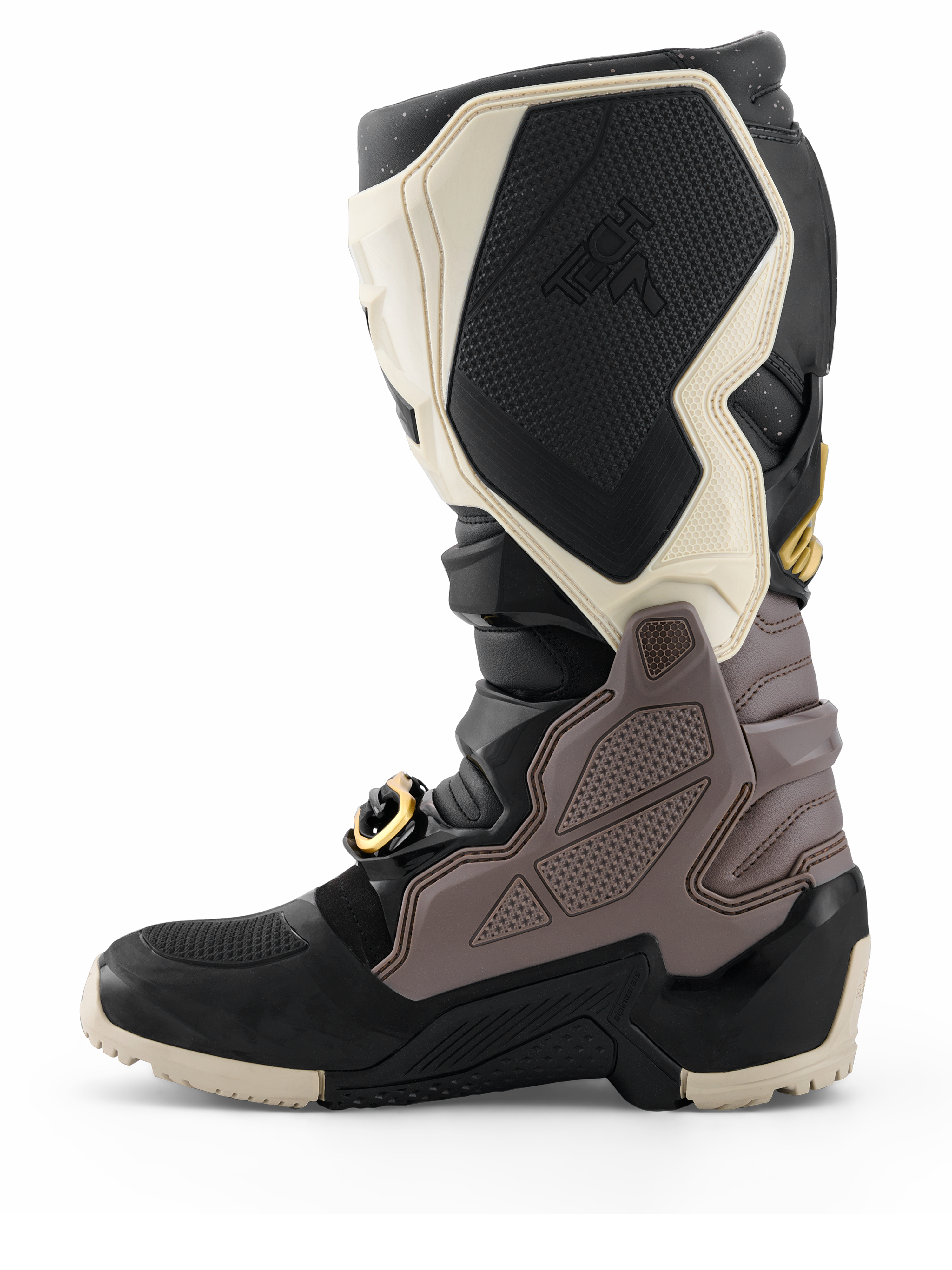 Alpinestars 2026 Tech 7 Enduro Drystar® Stiefel, Motocross-Stiefel, Schwarz, Dunkelgrau und Gold, Seitenansicht zur Hervorhebung der strapazierfähigen TPU-Panels, der goldfarbenen Schnalle und der robusten Enduro-Sohle für den Offroad-Einsatz.