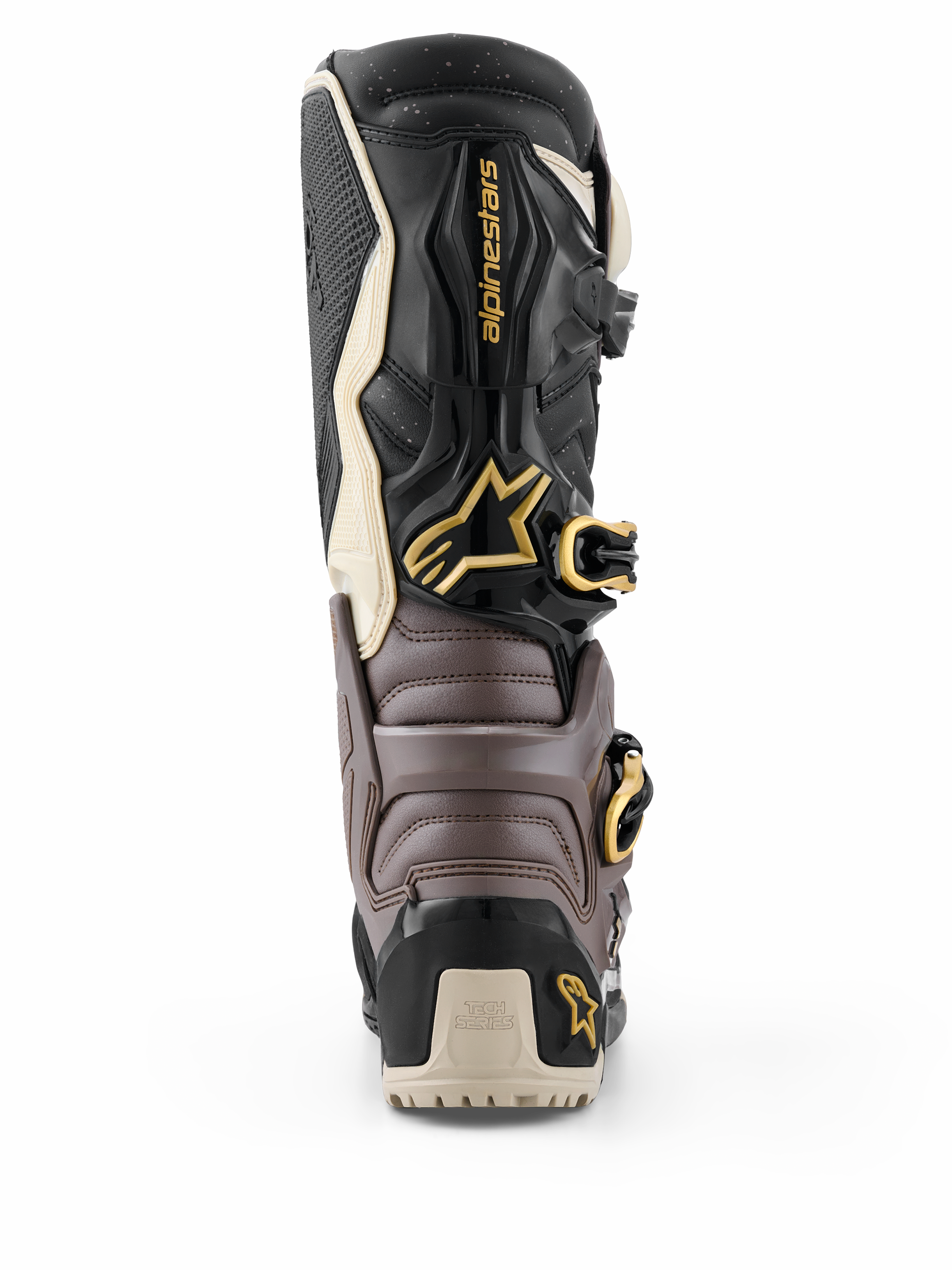 Alpinestars 2026 Tech 7 Enduro Drystar® Stiefel, Schwarz, Dunkelgrau und Gold, Rückansicht mit schützender TPU-Schale, goldenen Schnallen und Alpinestars-Logo, leistungsstarkes Enduro-Schuhwerk