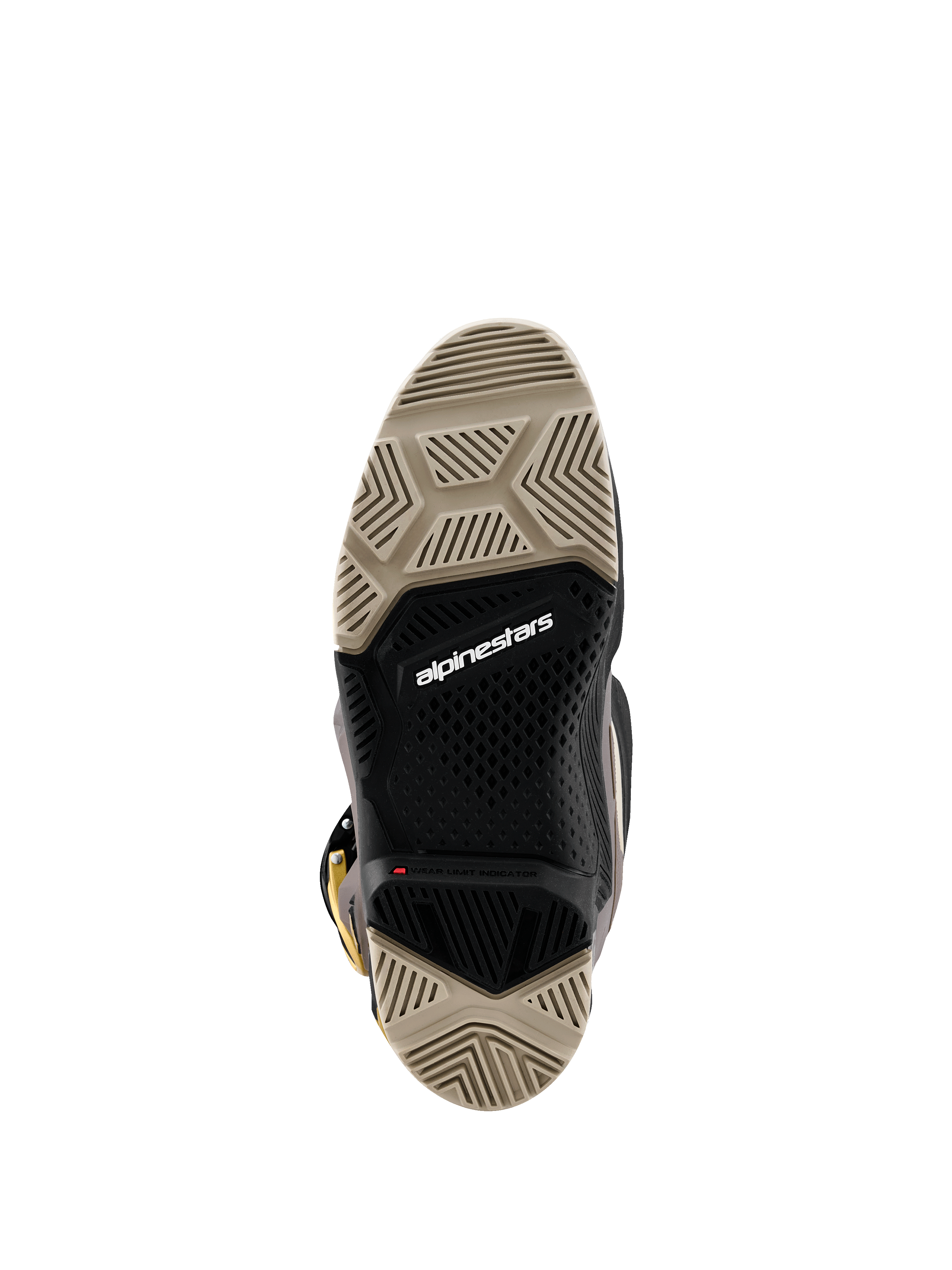 Alpinestars 2026 Tech 7 Enduro Drystar® Stiefel, Unteransicht der Dual-Compound-Sohle, beige und schwarze spezialisierte Profilstrukturen für maximalen Grip, mit weißem Alpinestars-Logo und roter Verschleißanzeige.