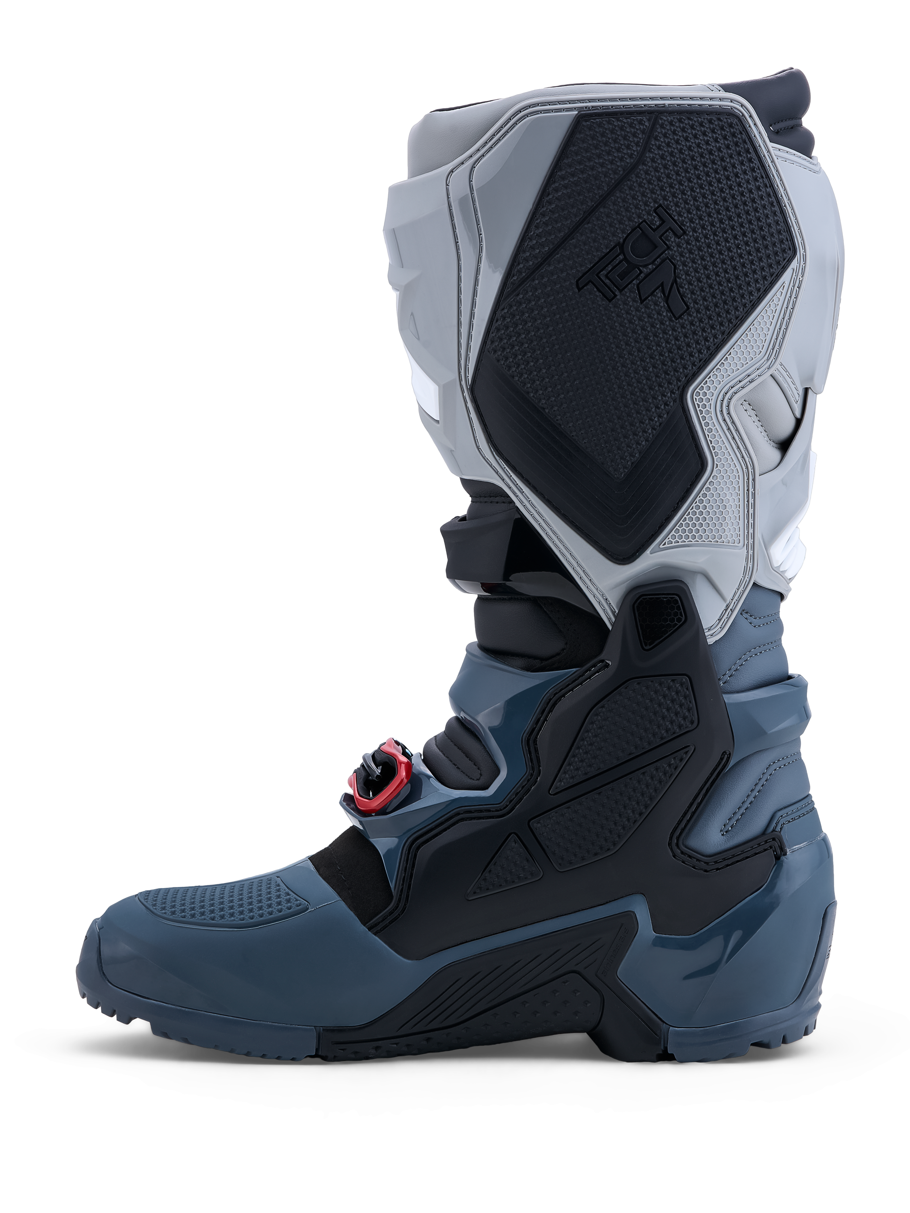 Alpinestars Tech 7 Enduro Drystar laarzen, waterdichte grijze off-road motorlaarzen met rode gespen, CE-gecertificeerd.