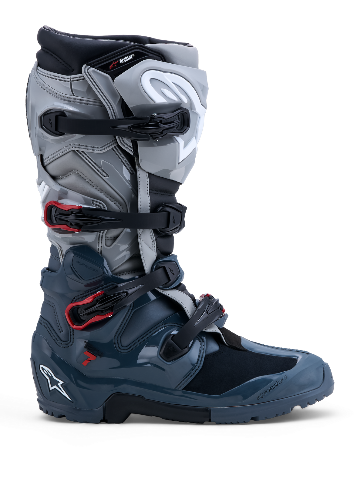 Alpinestars Tech 7 Enduro Drystar laarzen, waterdichte off-road herenmotorlaarzen, grijs met rode details, CE-gecertificeerd.