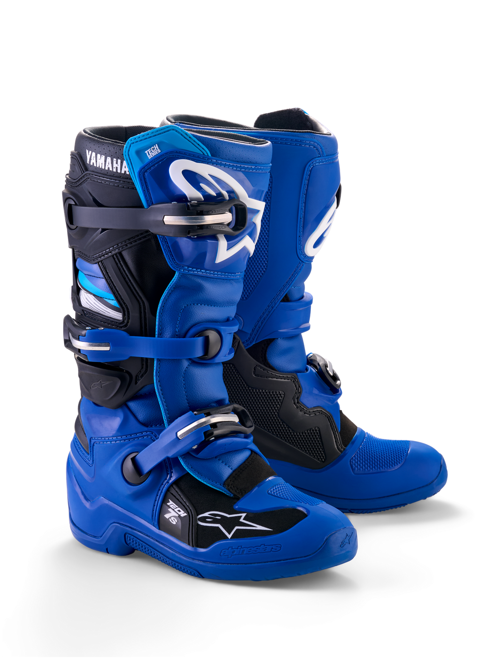 Alpinestars Yamaha Youth Tech 7S Boots, motorcrosslaarzen, blauw, zwart en wit, voorzien van een sluitingssysteem met meerdere gespen, TPU-beschermende schaal en witte Alpinestars-logo's met Yamaha-branding op de schacht