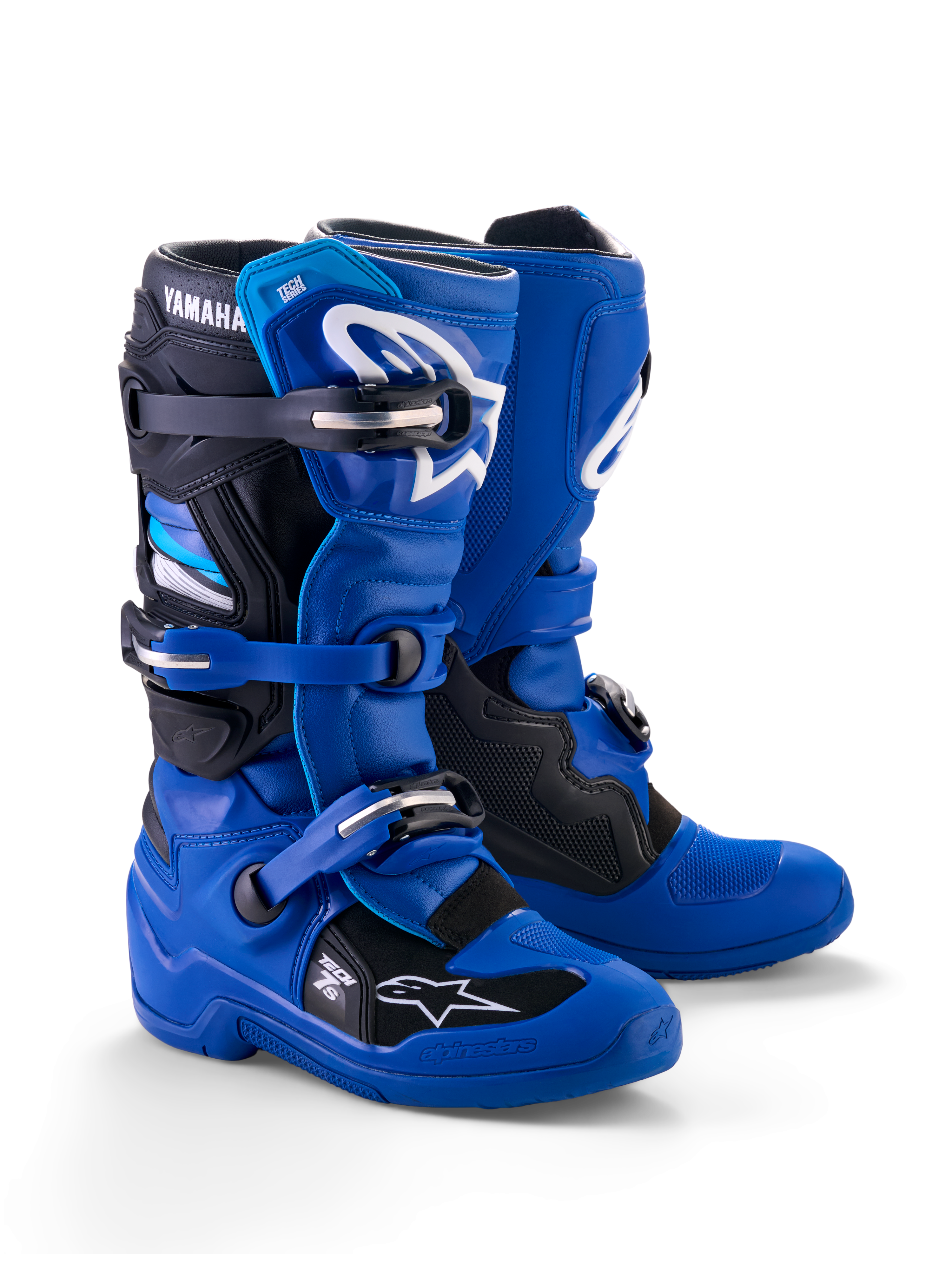 Alpinestars Yamaha Youth Tech 7S Boots, motorcrosslaarzen, blauw, zwart en wit, voorzien van een sluitingssysteem met meerdere gespen, TPU-beschermende schaal en witte Alpinestars-logo's met Yamaha-branding op de schacht