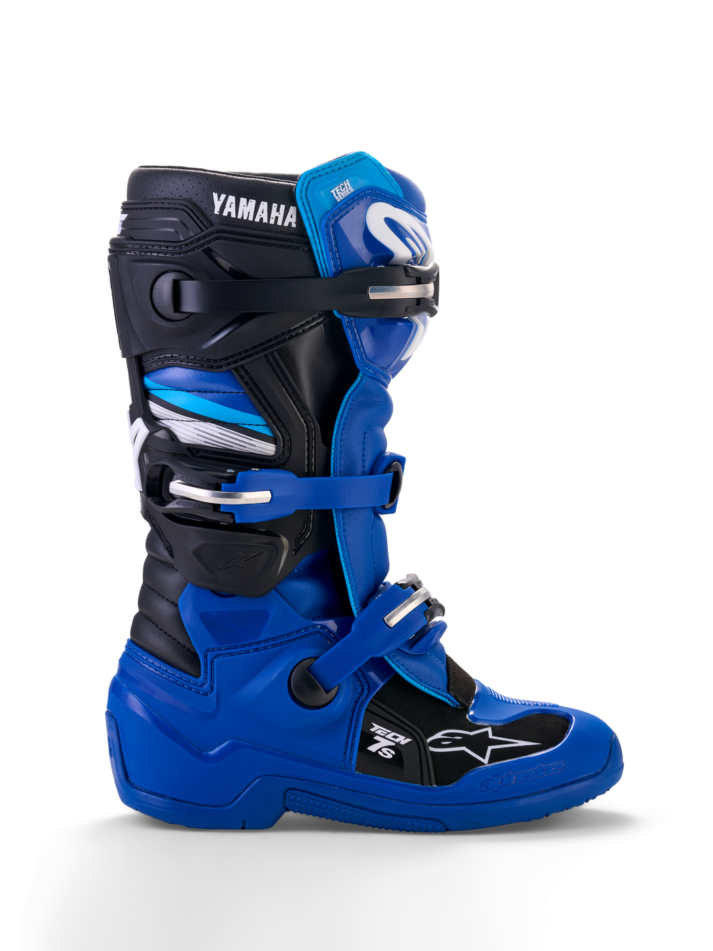 Alpinestars Yamaha Youth Tech 7S laarzen, motorcrosslaarzen, blauw, zwart en wit, zijprofiel met verstelbare gespen, TPU-bescherming, Yamaha-branding en versterkte zool voor off-road prestaties
