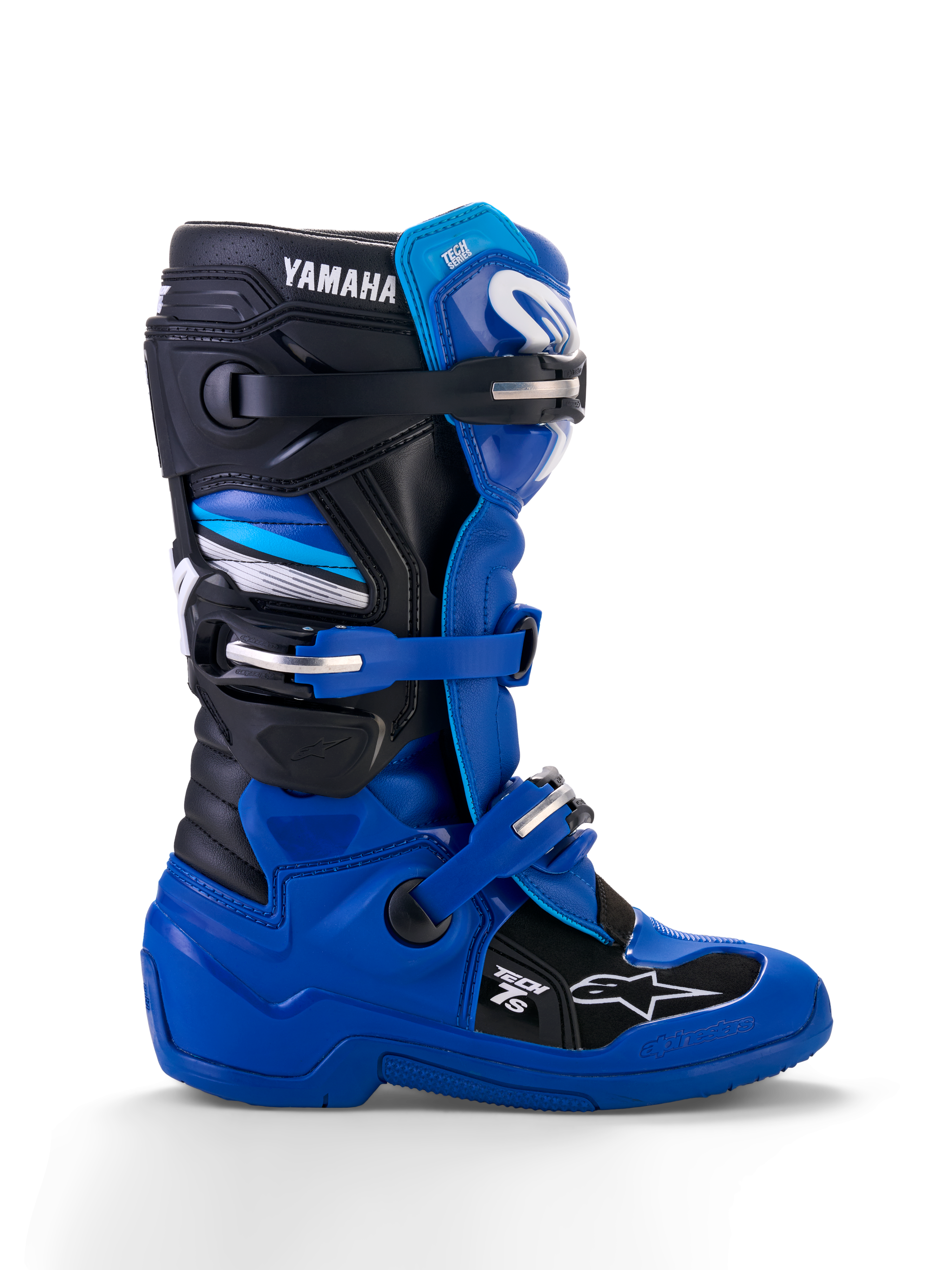 Bottes Alpinestars Yamaha Youth Tech 7S, bottes de motocross, bleu, noir et blanc, vue de profil avec boucles ajustables, protection en TPU, marquage Yamaha et semelle renforcée pour la performance tout-terrain