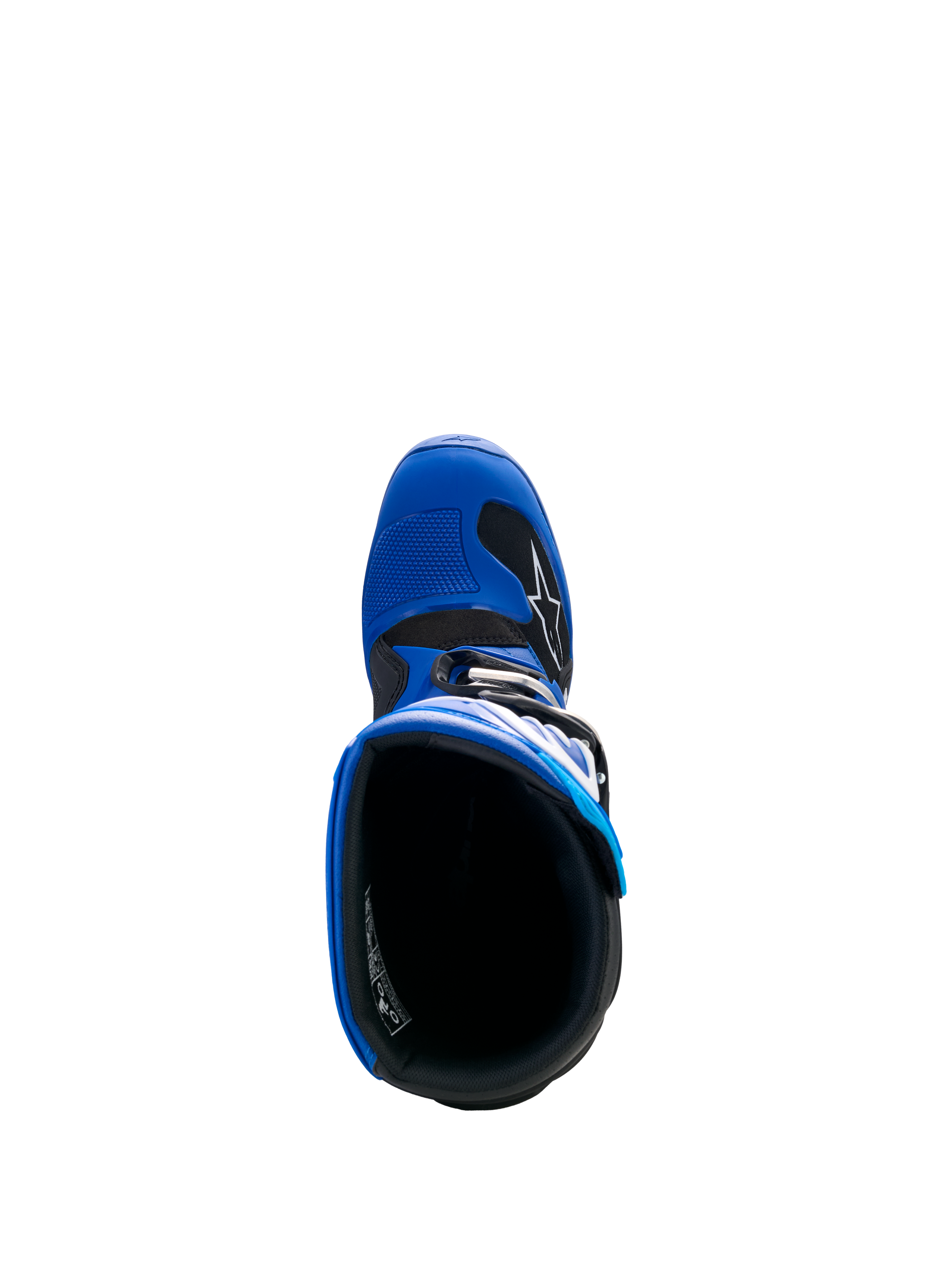 Alpinestars Yamaha Youth Tech 7S laarzen, blauw, zwart en wit, bovenaanzicht met inkijk in de laars, toont de binnenvoering en TPU-neus met schakelpad, beschermend schoeisel voor jeugd motocross