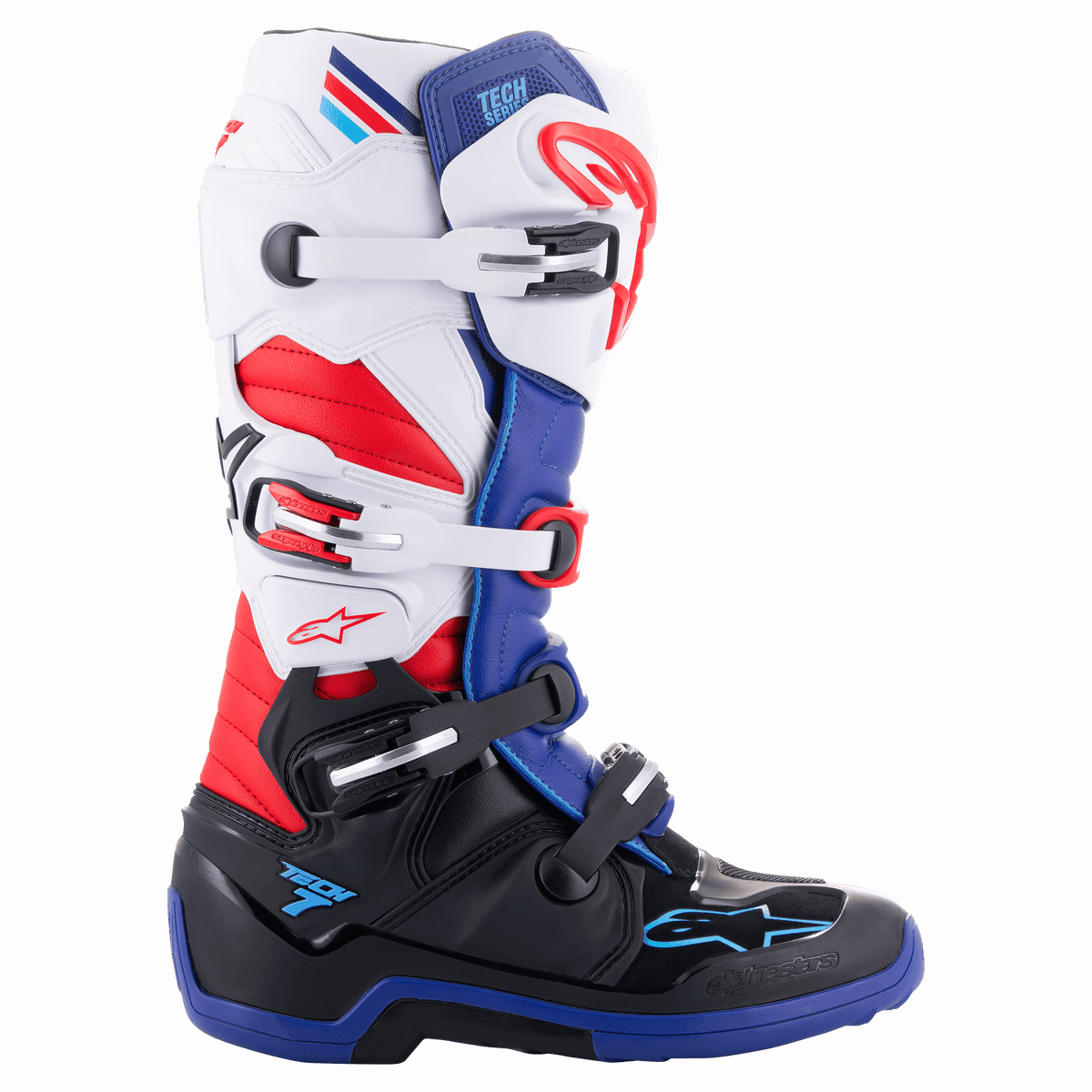 Alpinestars Tech 7 Boots, Motocross Off-Road Boots, Red White Blue and Black, featuring four adjustable buckle straps, TPU protection panels, durable rubber sole, and Alpinestars star logo branding