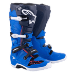 Alpinestars Tech 7 Boots, Motocross Boots, Alpine Blue, Night Navy, and Bright Red, featuring white and black aluminum buckles, large white star logo on the shin, and durable white soles, protective gear for off-road racing.