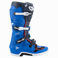Alpinestars Tech 7 Boots, Motocross Boots, Alpine Blue, Night Navy and Bright Red, High-top design featuring a four-buckle closure system, white and black buckles, white sole with black midsection, red accent piping and Alpinestars branding, professional off-road racing protection.