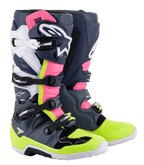 Alpinestars Tech 7 laarzen, motorcrosslaarzen, donkergrijs, donkerblauw, Pink Fluo en neongeel, voorzien van een meervoudig gespsluitingssysteem, TPU-beschermingspanelen en Alpinestars-branding voor off-road racen