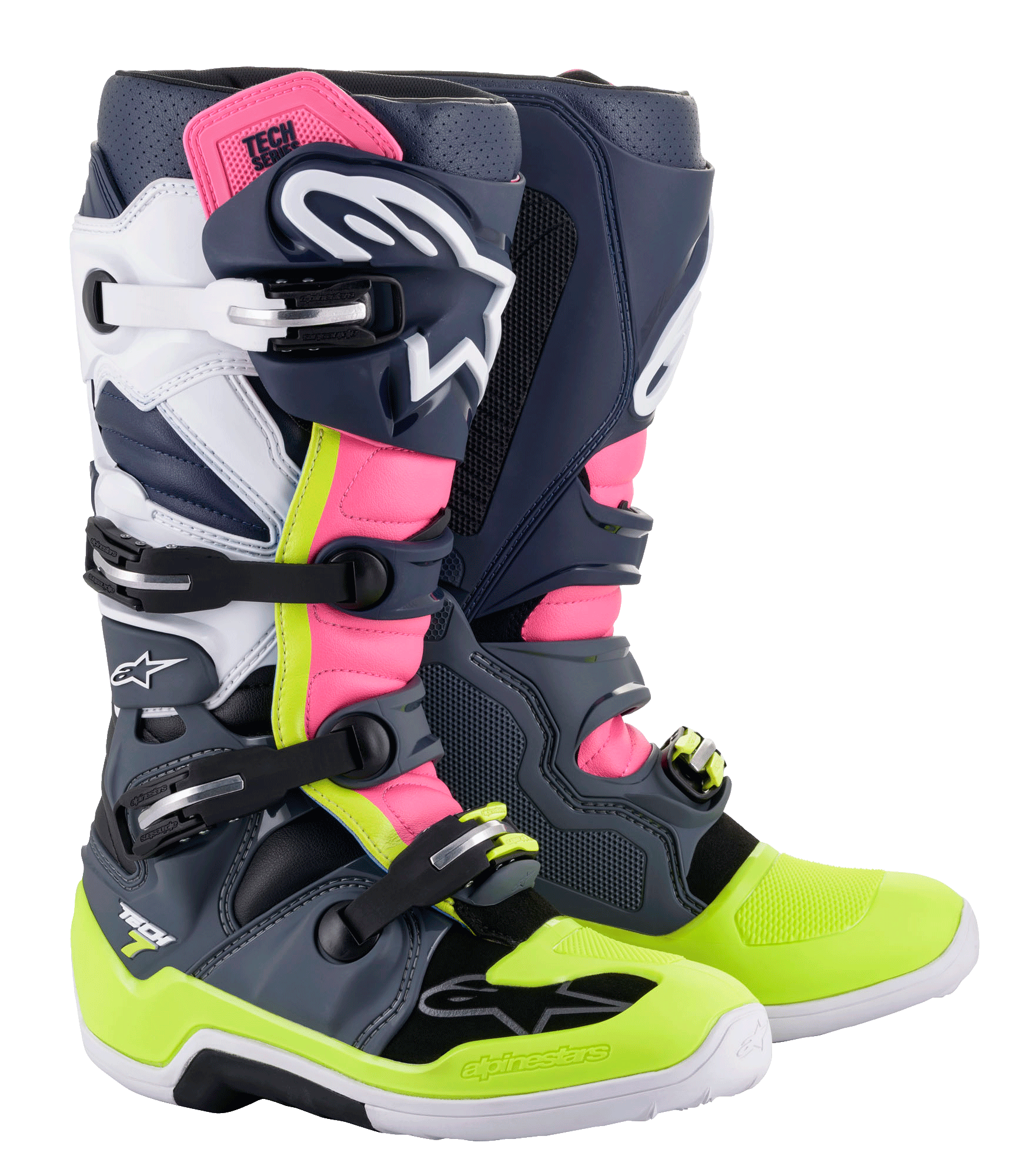 Alpinestars Tech 7 laarzen, motorcrosslaarzen, donkergrijs, donkerblauw, Pink Fluo en neongeel, voorzien van een meervoudig gespsluitingssysteem, TPU-beschermingspanelen en Alpinestars-branding voor off-road racen