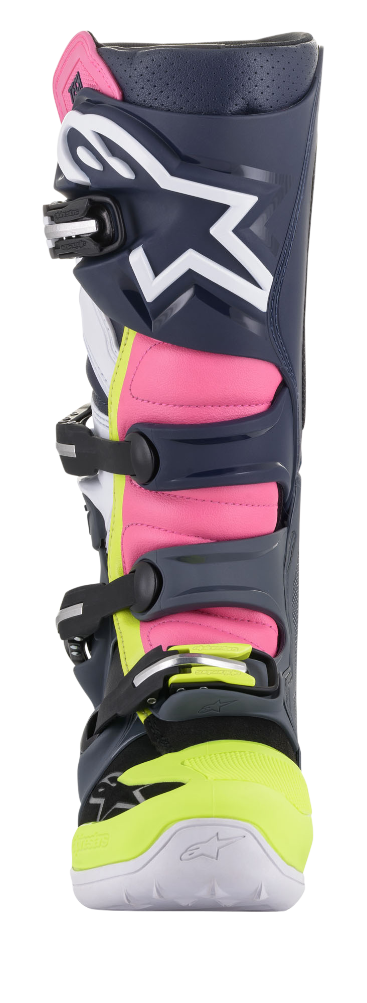 Alpinestars Tech 7 laarzen, motorcrosslaarzen, donkergrijs, donkerblauw en fluorozet, schuin achteraanzicht met de nadruk op het gespsysteem en de roze accordeonpanelen, hoogwaardig beschermend ontwerp voor off-road rijden
