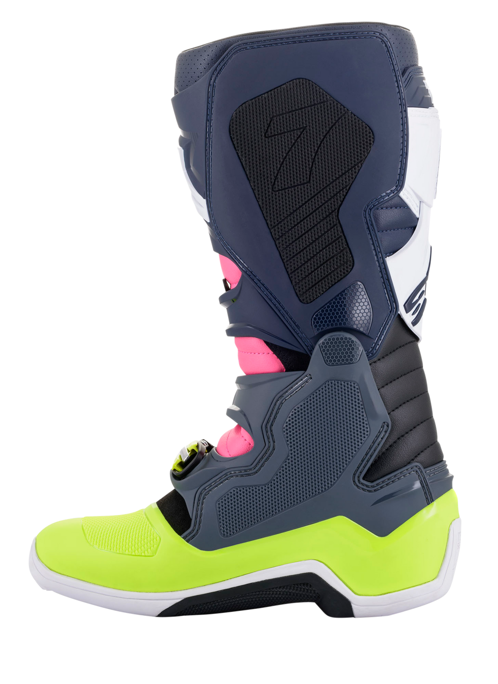 Alpinestars Tech 7 laarzen, motorcrosslaarzen, donkergrijs, donkerblauw, fluoroze en neongeel, zijaanzicht, voorzien van een innovatief gespsluitingssysteem en biomechanische enkelbescherming, hoogwaardig off-road schoeisel