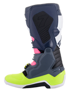 Alpinestars Tech 7 laarzen, motorcrosslaarzen, donkergrijs, donkerblauw, fluoroze en neongeel, zijaanzicht, voorzien van een innovatief gespsluitingssysteem en biomechanische enkelbescherming, hoogwaardig off-road schoeisel