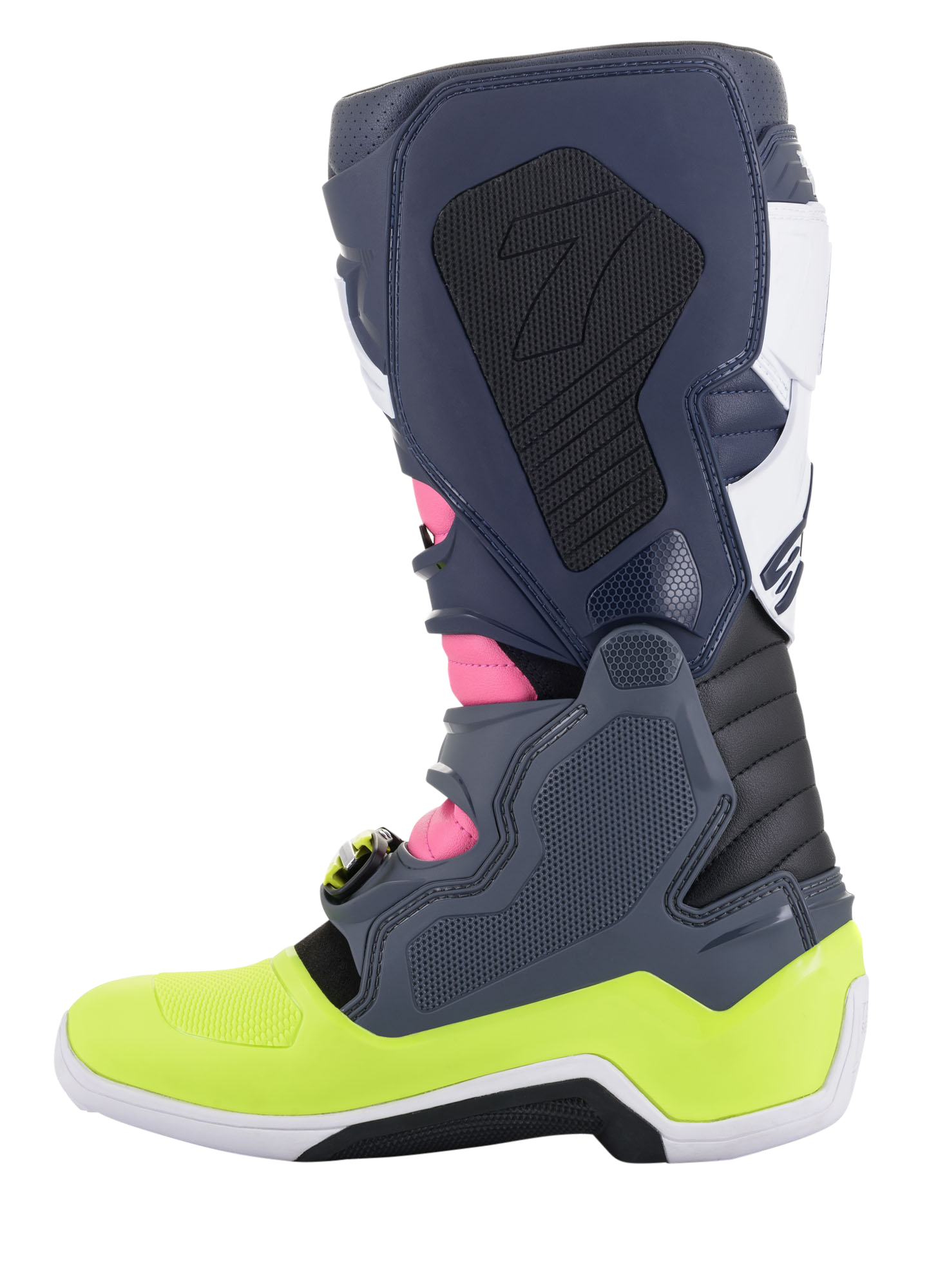 Alpinestars Tech 7 laarzen, motorcrosslaarzen, donkergrijs, donkerblauw, fluoroze en neongeel, zijaanzicht, voorzien van een innovatief gespsluitingssysteem en biomechanische enkelbescherming, hoogwaardig off-road schoeisel