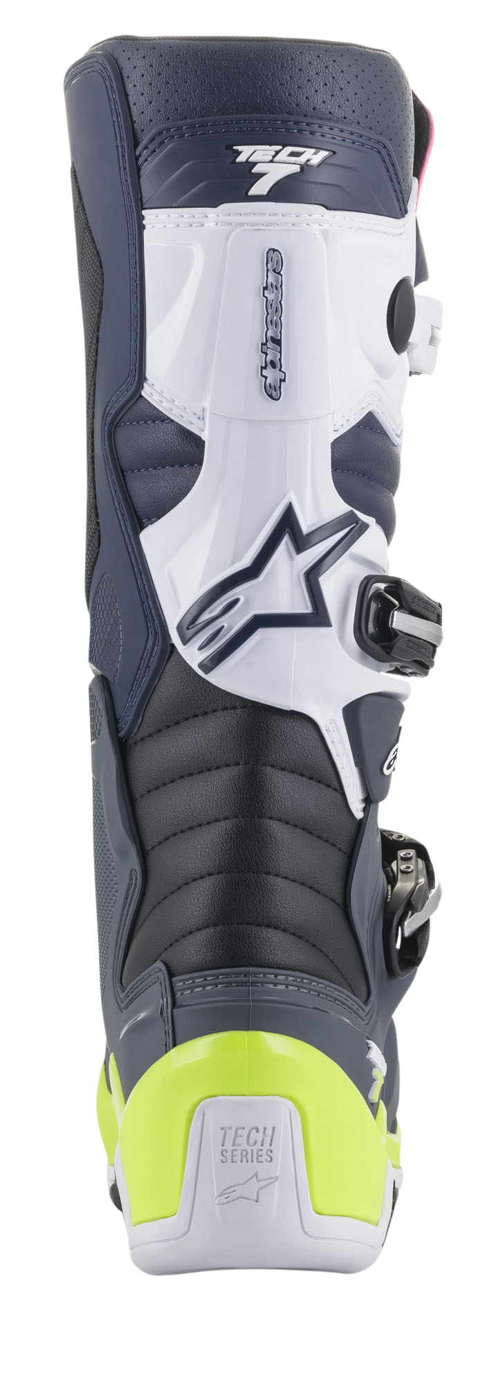 Alpinestars Tech 7 Laarzen, motorcrosslaarzen, achteraanzicht in donkerblauw, wit en donkergrijs met een felgele fluo hielbeschermer, voorzien van accordeon-flexzones en Tech Series-branding.
