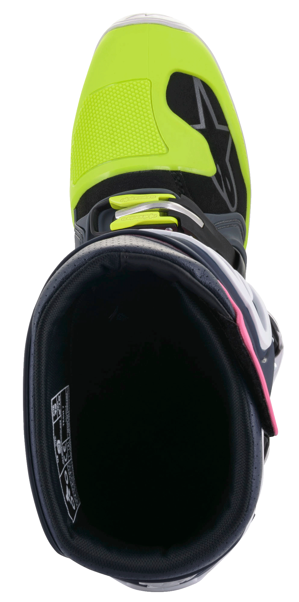 Alpinestars Tech 7 laarzen, motorcrosslaarzen, donkergrijs, donkerblauw en fluoroze met felgele accenten, bovenaanzicht kijkend in de binnenkant van de kraag, met focus op de gespsluiting en versterkte neus.