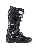 Alpinestars Tech 7 Boots, Motocross Off-Road Boots, Black with silver buckles and white accents, side profile view featuring four quick-release aluminum buckles, durable TPU shell and textured panels for off-road protection