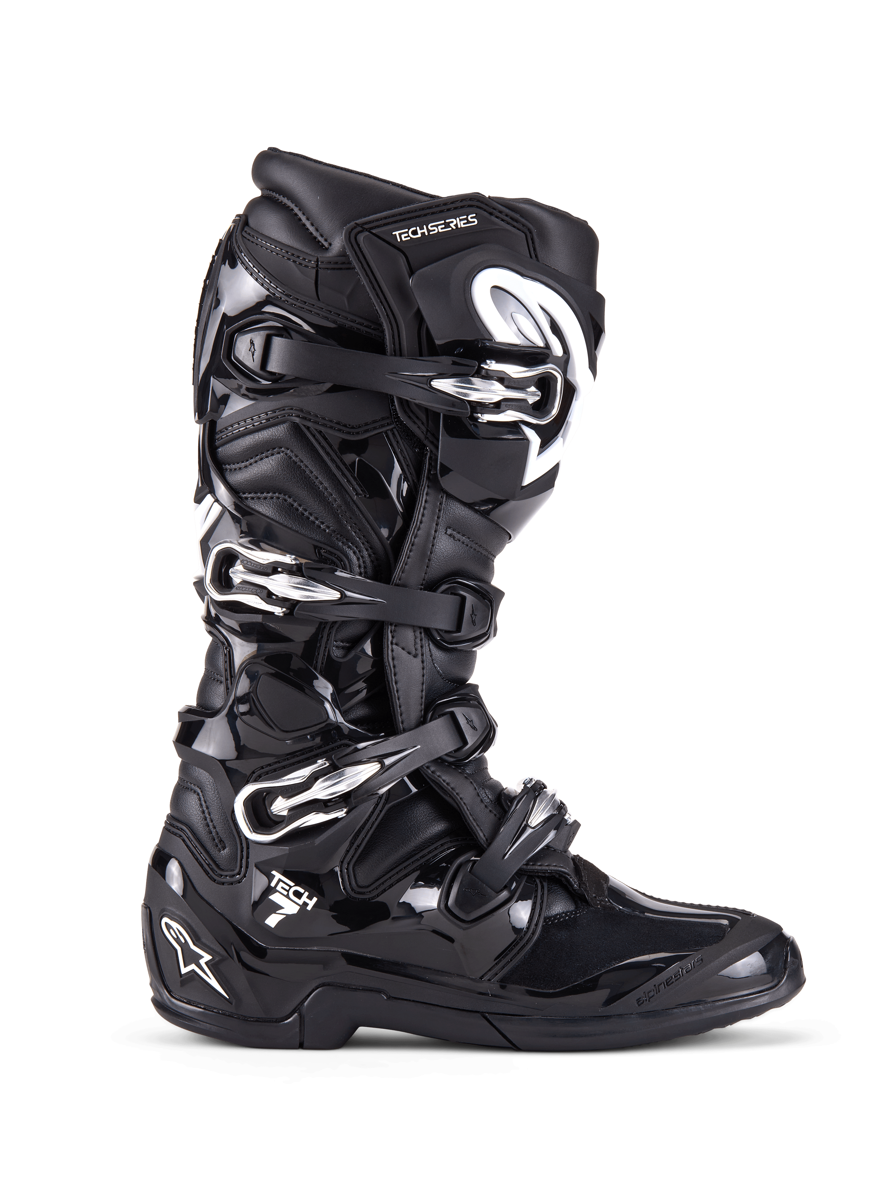 Alpinestars Tech 7 Boots, Motocross Off-Road Boots, Black with silver buckles and white accents, side profile view featuring four quick-release aluminum buckles, durable TPU shell and textured panels for off-road protection