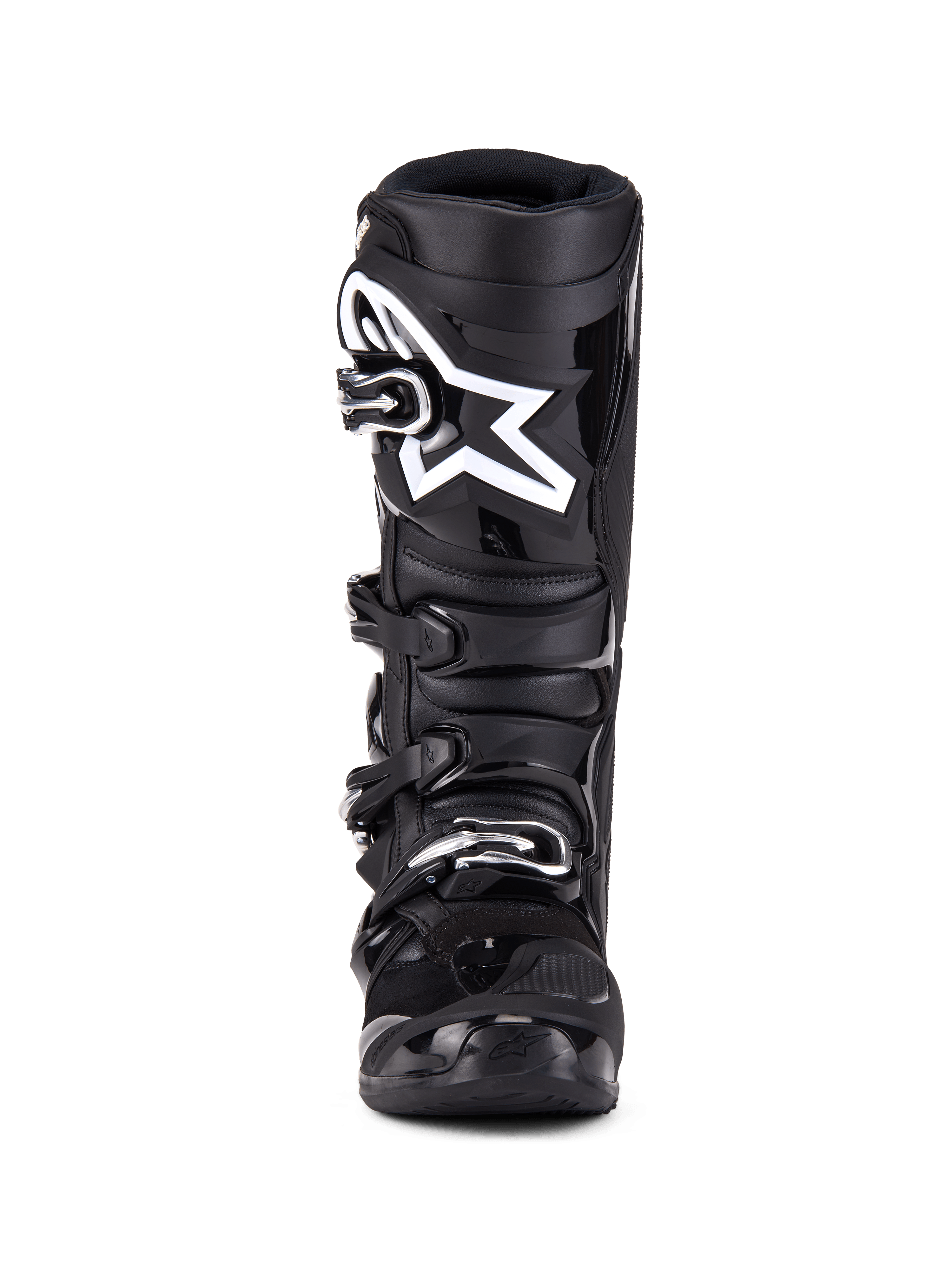 Alpinestars Tech 7 Boots, Motocross Boots, Black, front view featuring a four-buckle closure system, prominent white Alpinestars star logo on the shin plate, durable TPU shell and reinforced protection for off-road racing.
