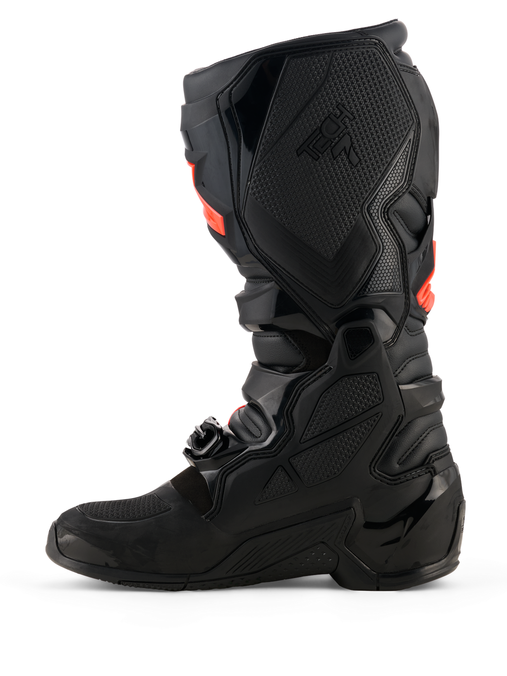 Bottes Alpinestars Tech 7, bottes de motocross, noires avec accents rouge fluo, vue de profil intérieur présentant les coques de protection en TPU, le système de boucles et les panneaux de grip texturés pour des performances tout-terrain