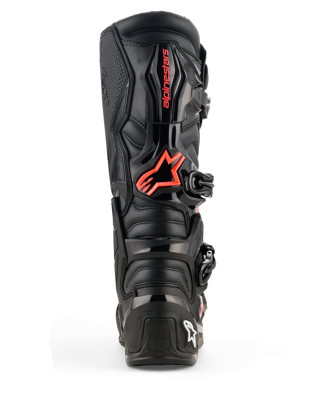 Alpinestars Tech 7 Boots, bottes de motocross, noir et rouge fluo, vue arrière présentant des plaques de protection en TPU, logo Alpinestars rouge sur le mollet et construction durable pour des performances tout-terrain