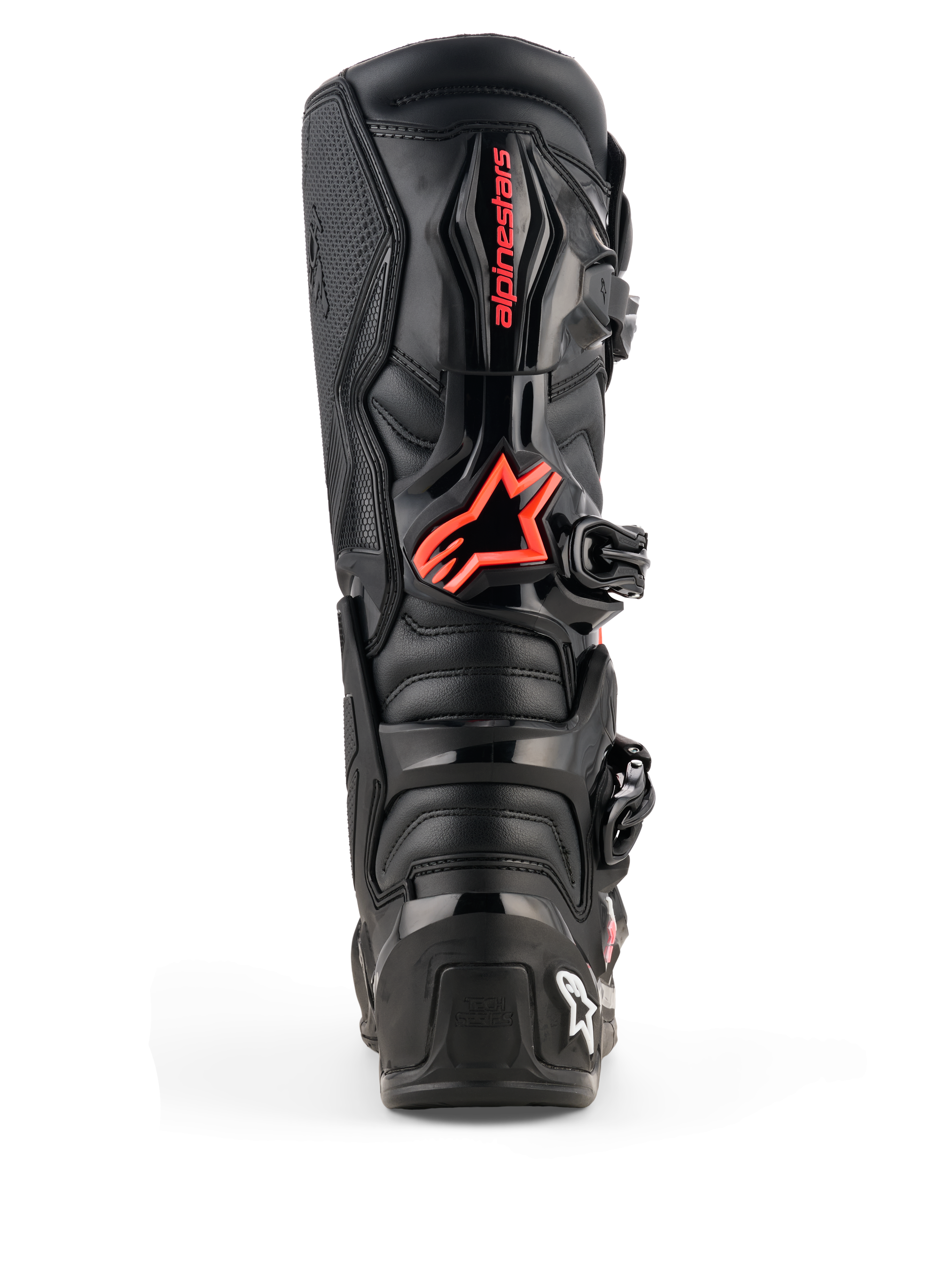 Alpinestars Tech 7 Boots, bottes de motocross, noir et rouge fluo, vue arrière présentant des plaques de protection en TPU, logo Alpinestars rouge sur le mollet et construction durable pour des performances tout-terrain